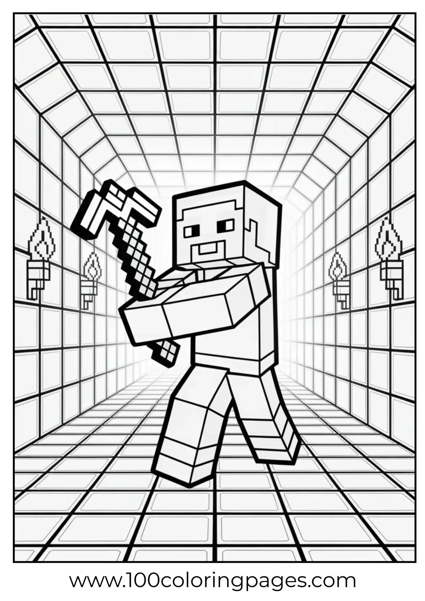 Minecraft character with a pickaxe in a dungeon setting