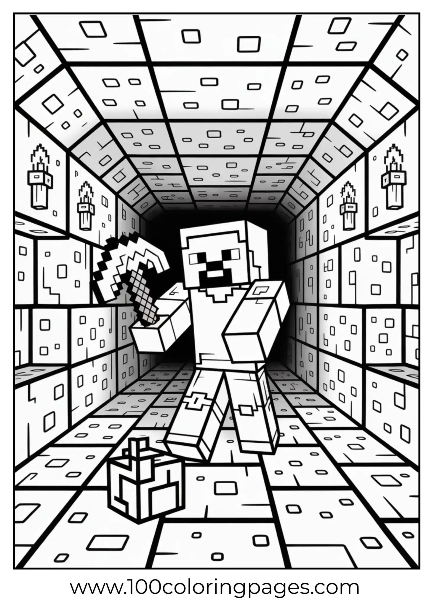 Minecraft-style warrior with a pickaxe in a pixelated dungeon