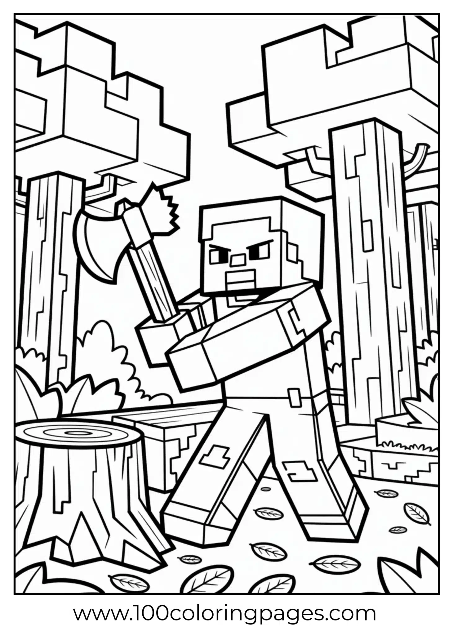 Minecraft character with an axe in a stylized forest