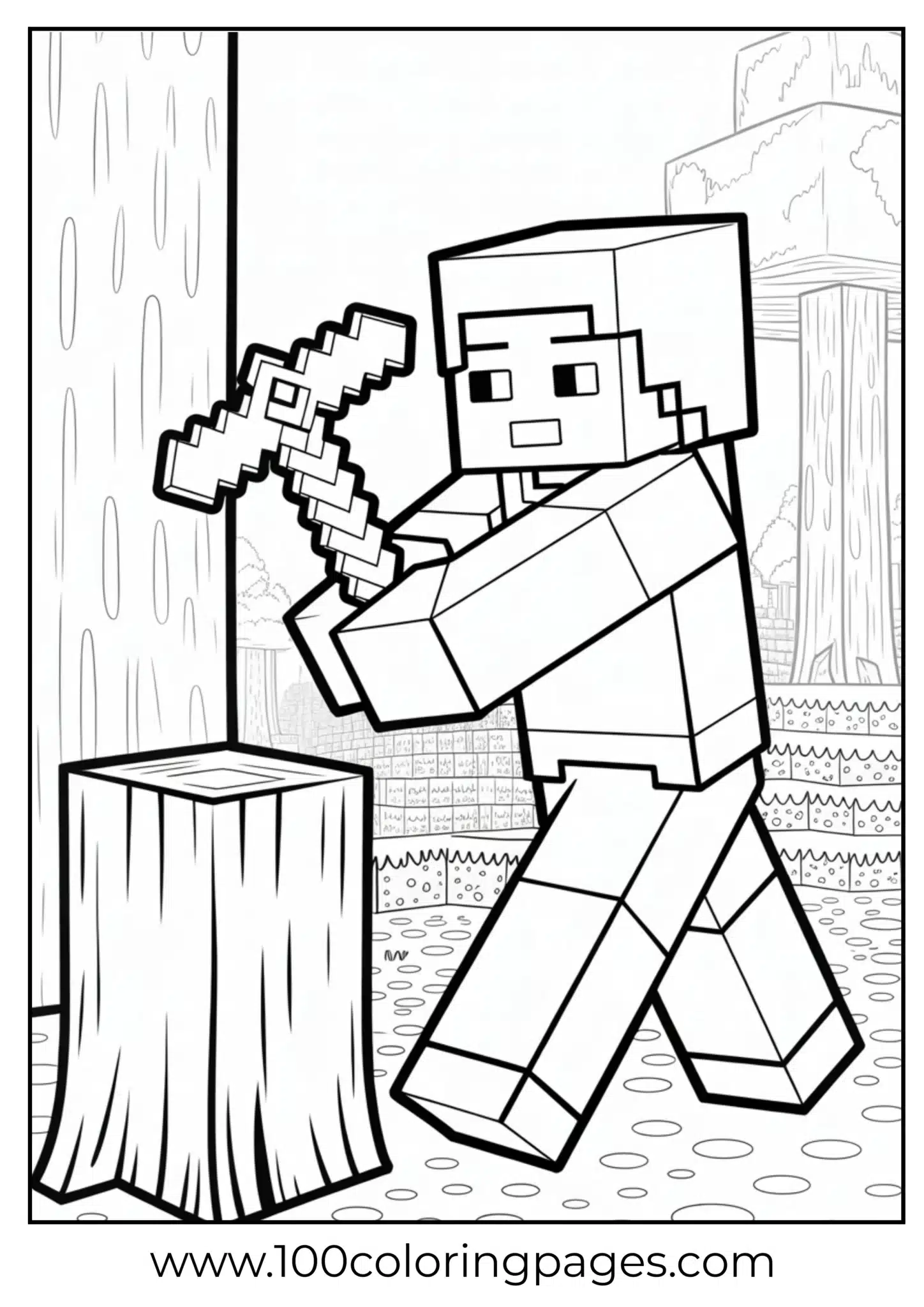 Minecraft character with an axe next to a tree stump