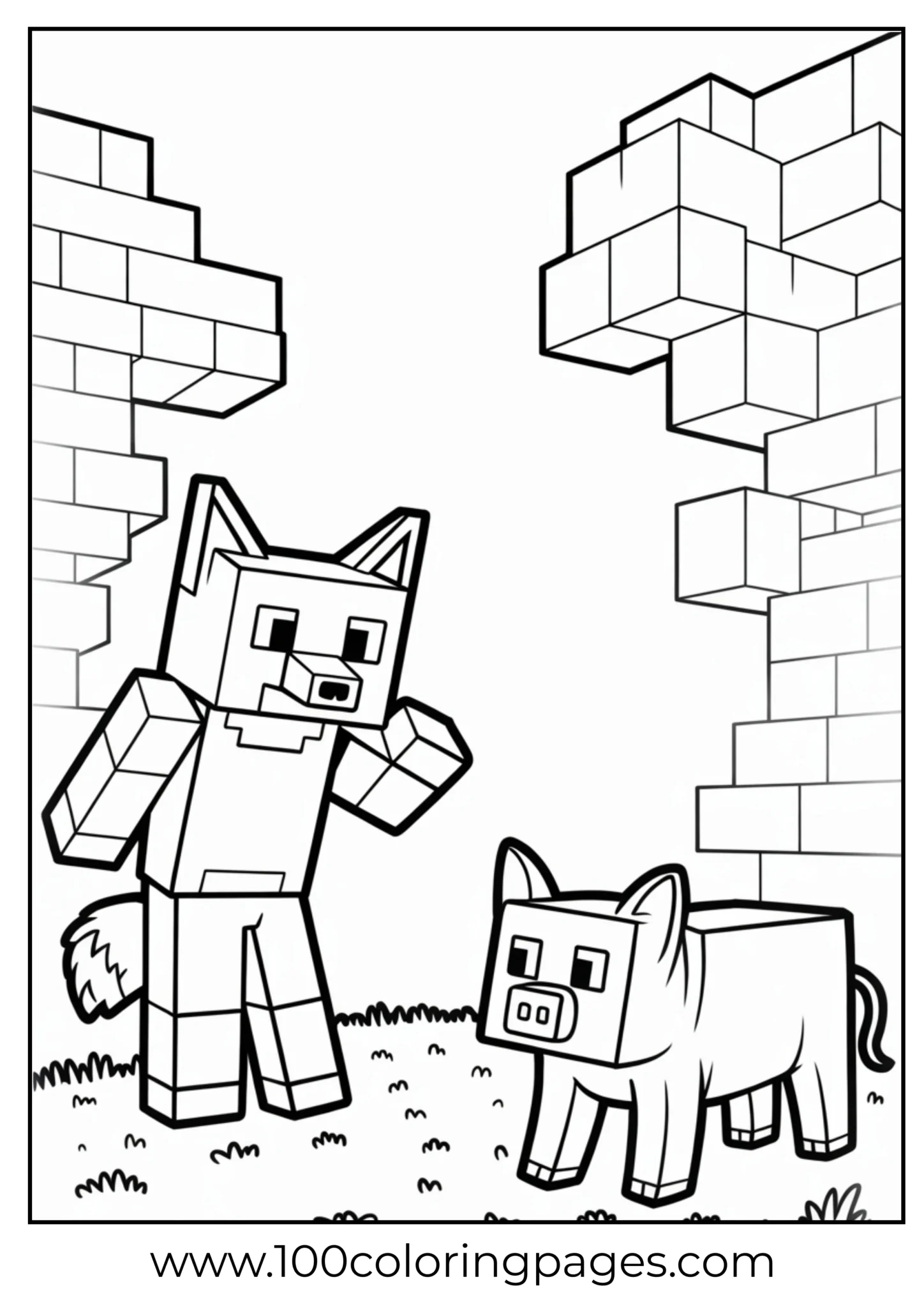 Minecraft style wolf and pig in a blocky landscape