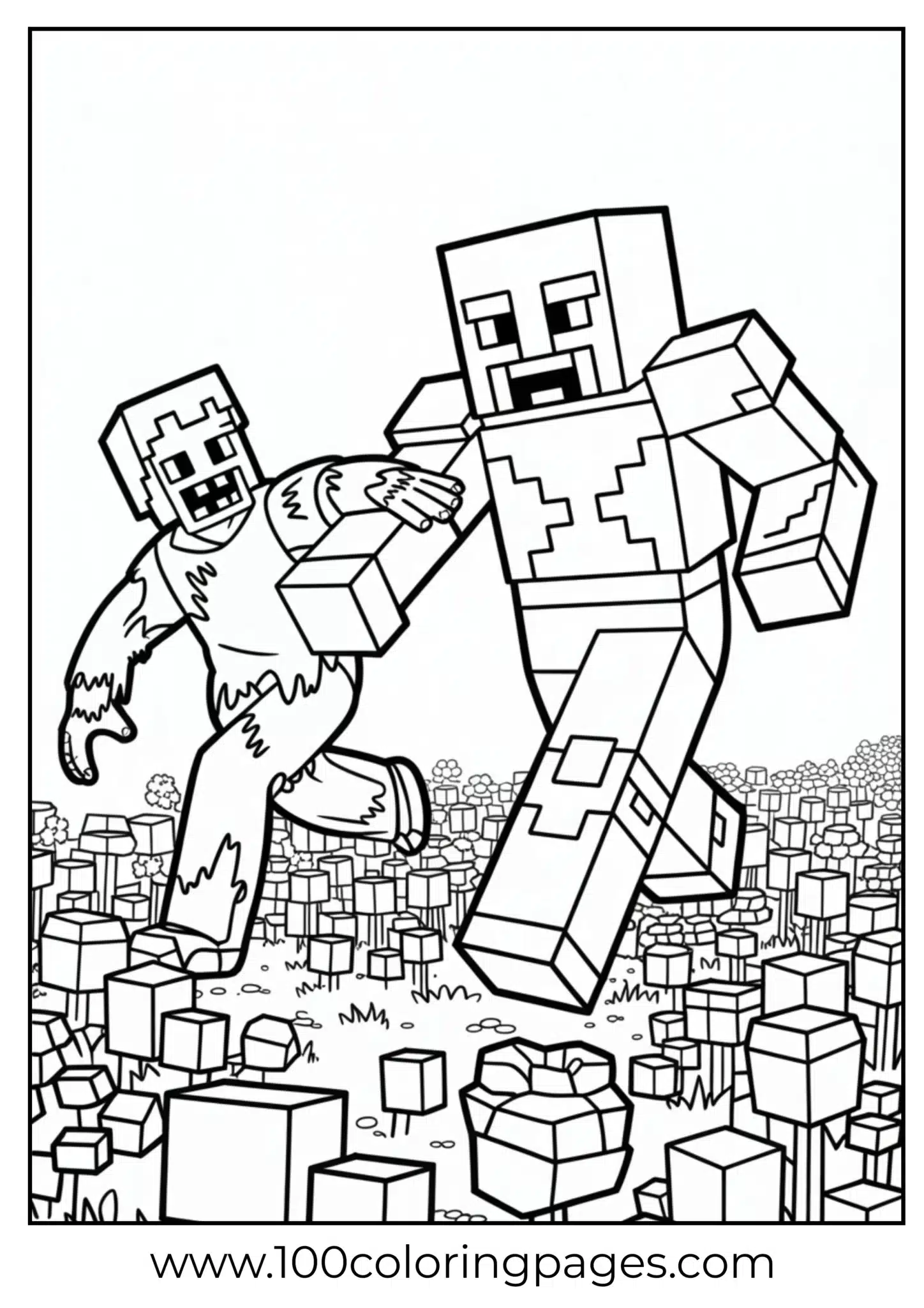 Minecraft zombie and iron golem standing amid blocks