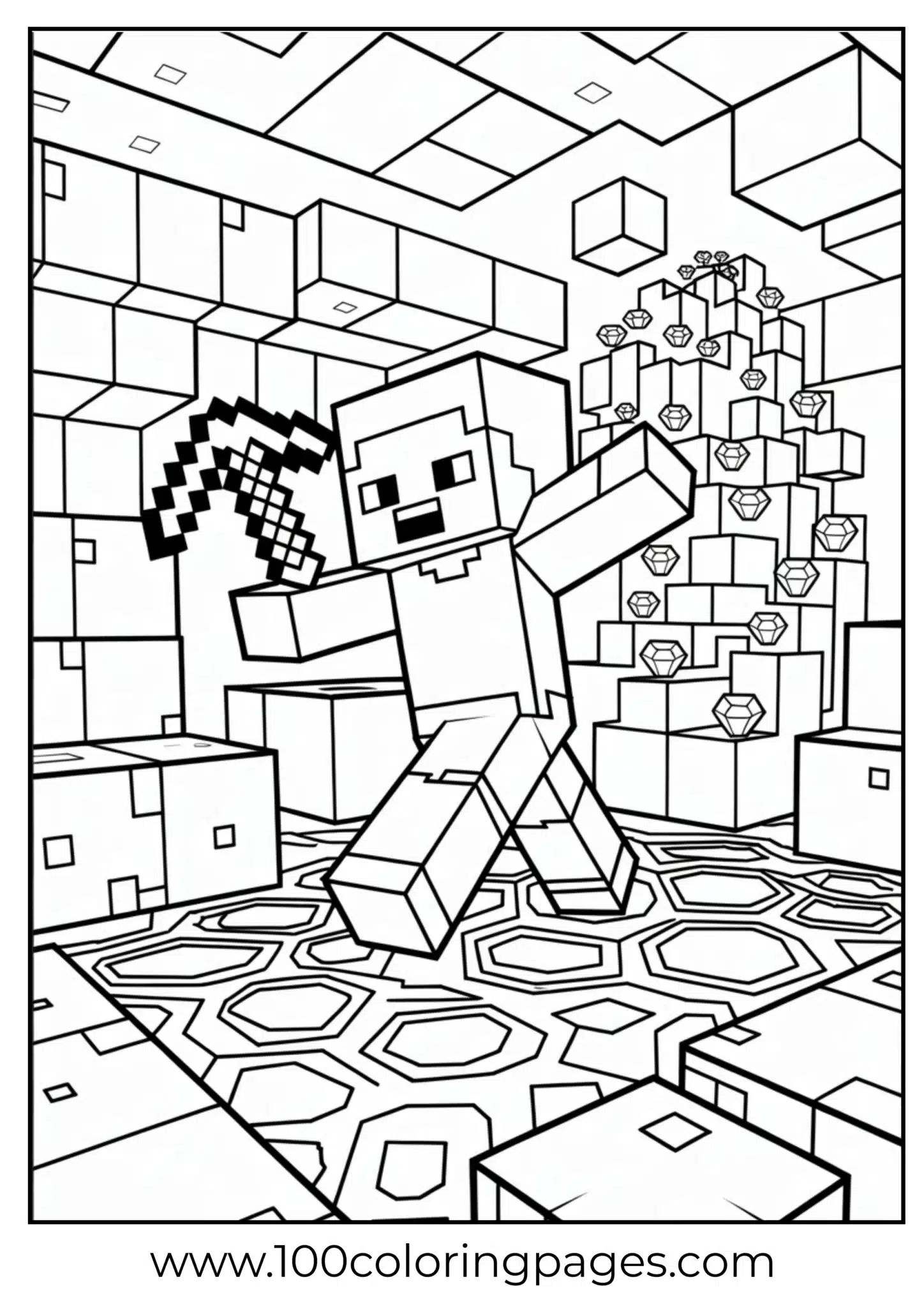 Pixel character mining diamonds in a geometric cave