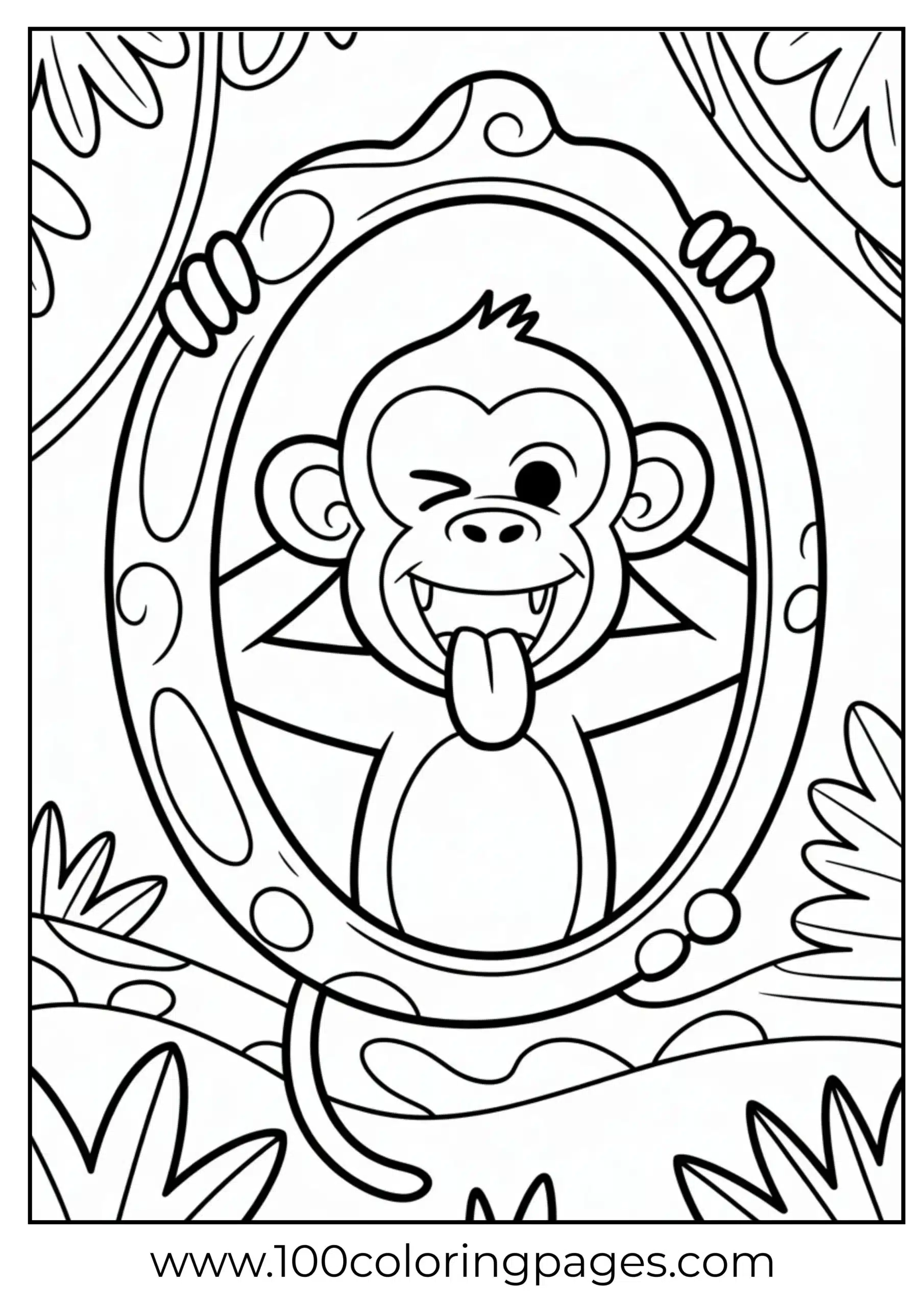 Monkey making funny face in mirror coloring page
