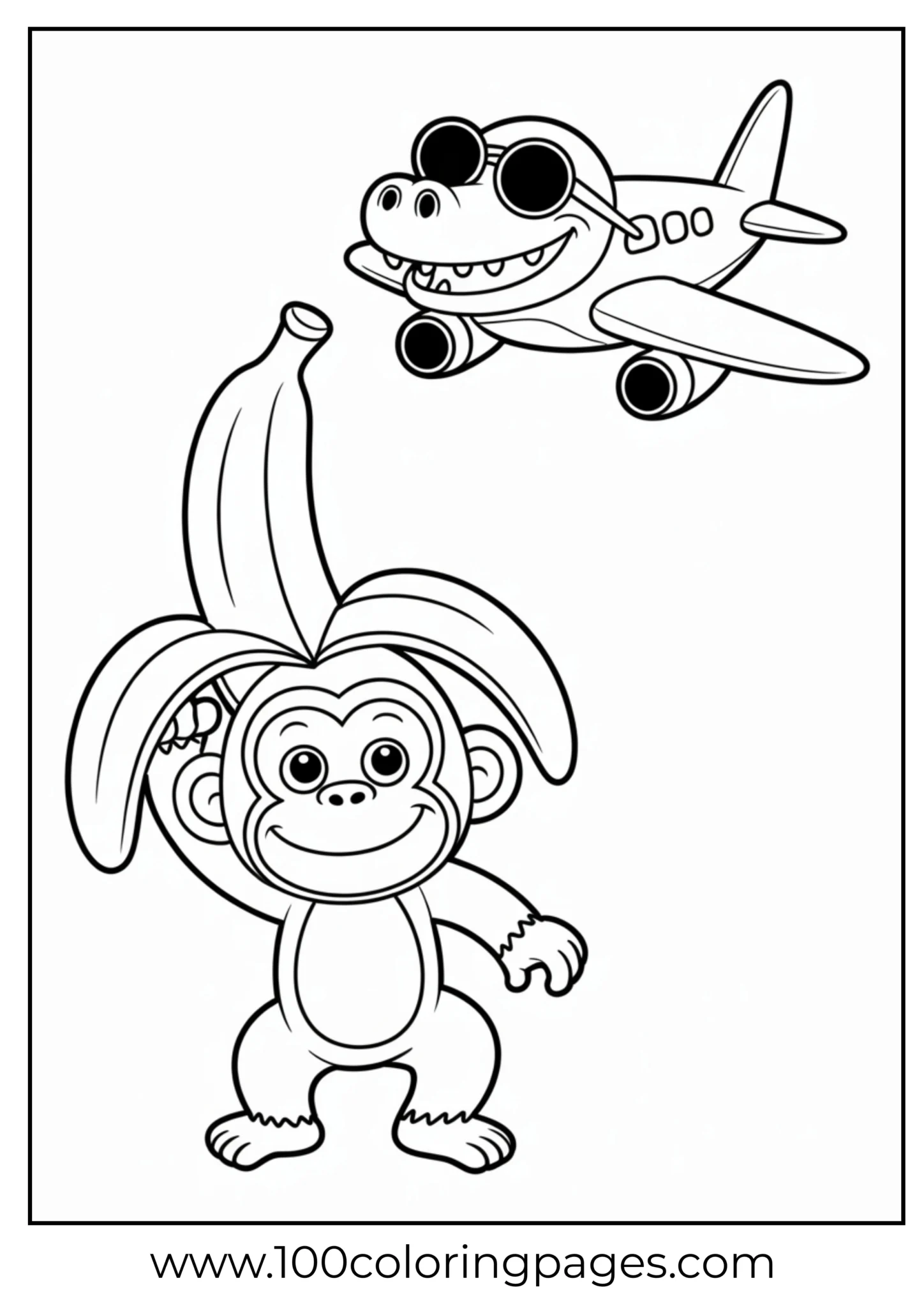 Monkey holding a banana and a smiling airplane above