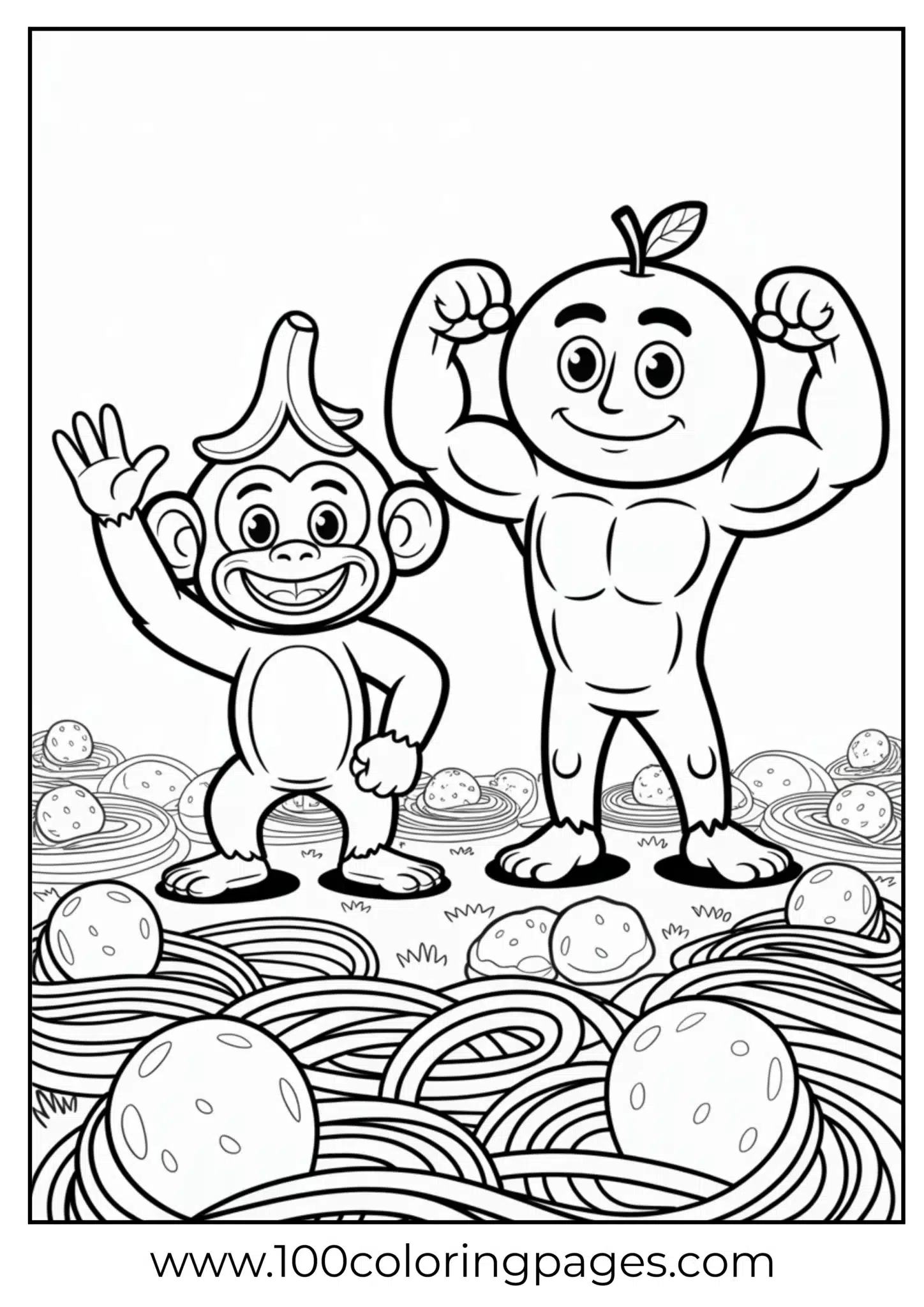 Cartoon monkey and apple man standing on spaghetti
