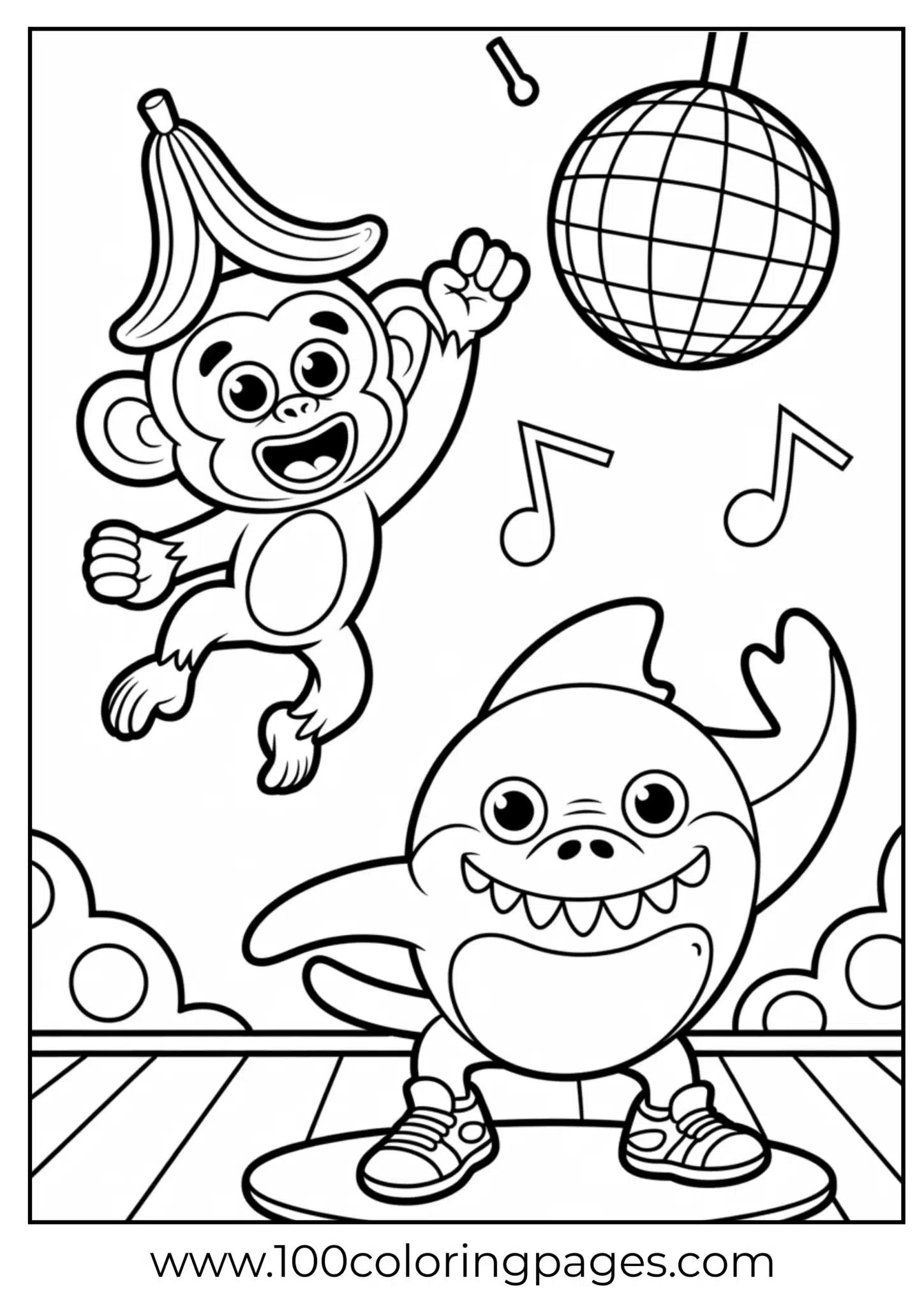 Monkey with a banana hat and shark dancing at a disco