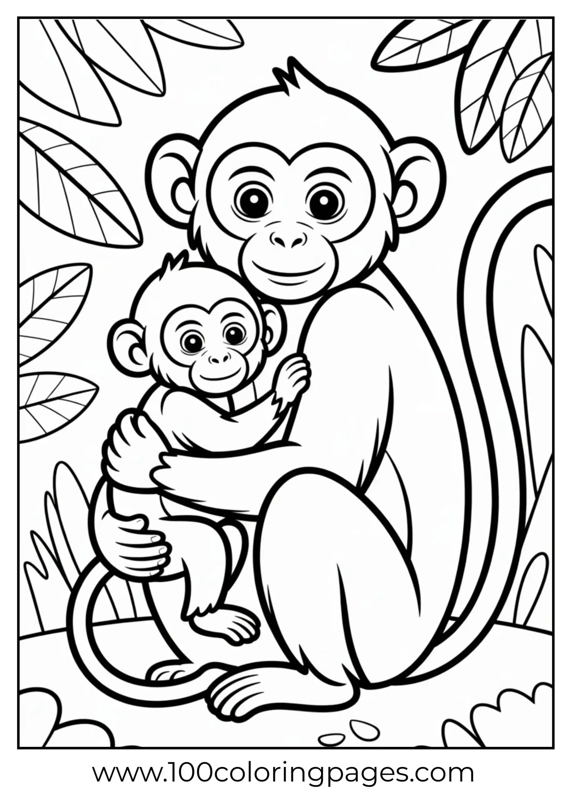 Mother monkey hugging baby coloring page