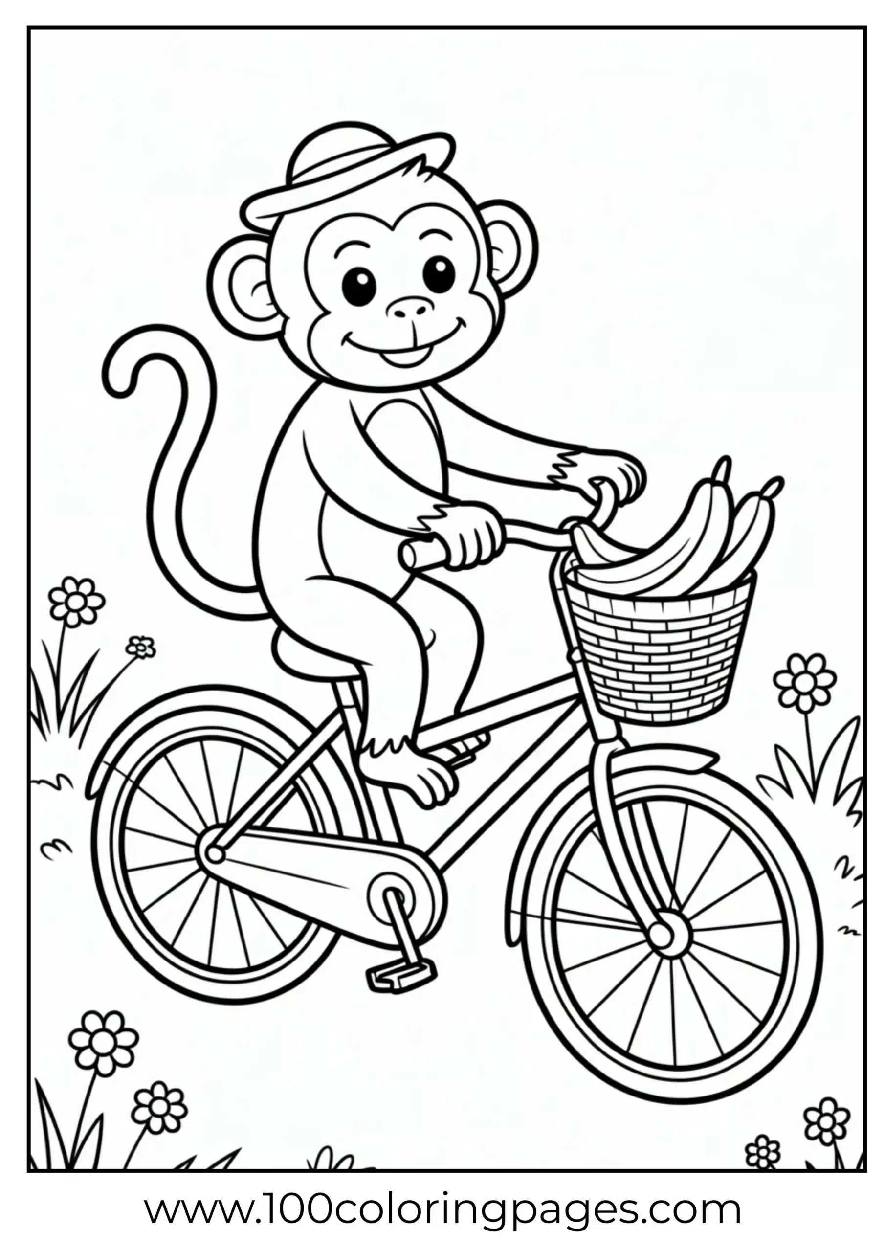 Monkey riding bicycle with bananas coloring page
