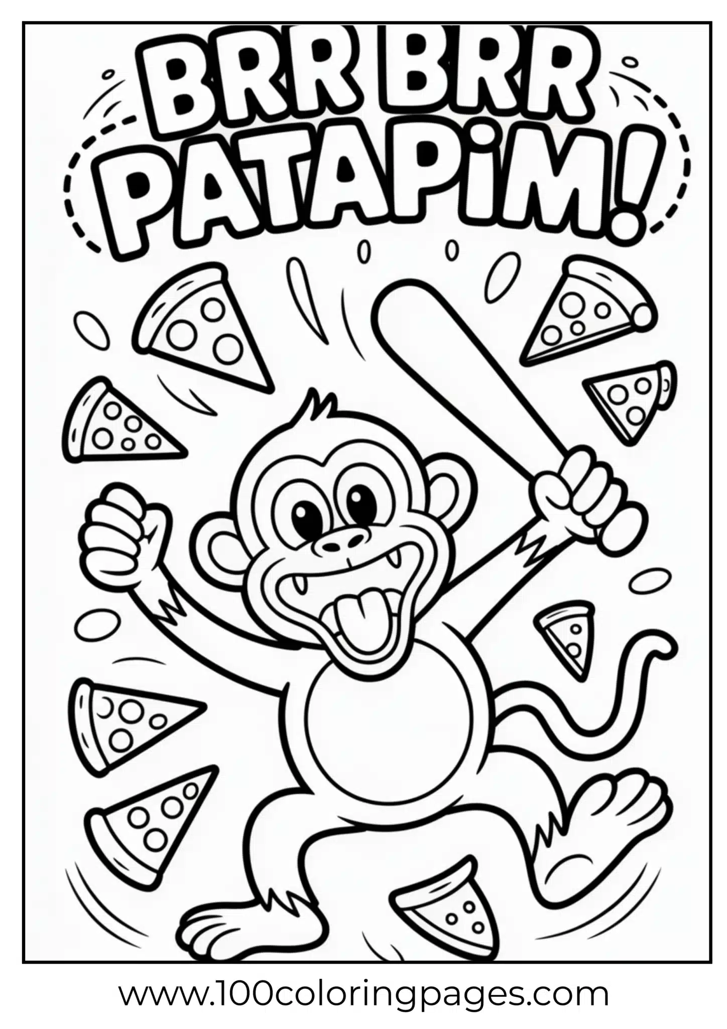 Monkey holding a bat surrounded by flying pizza slices