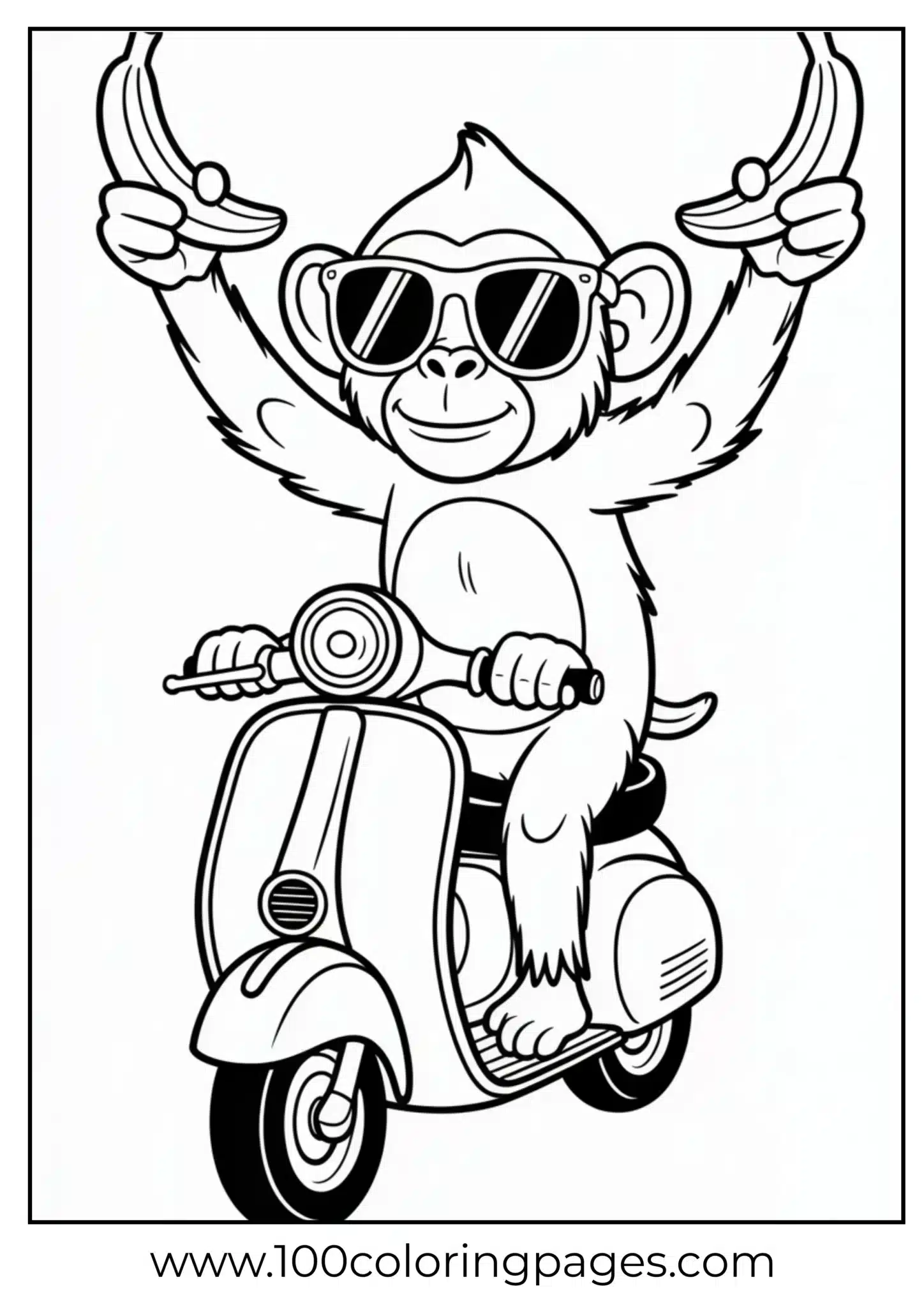Monkey with sunglasses holding bananas, riding a scooter.