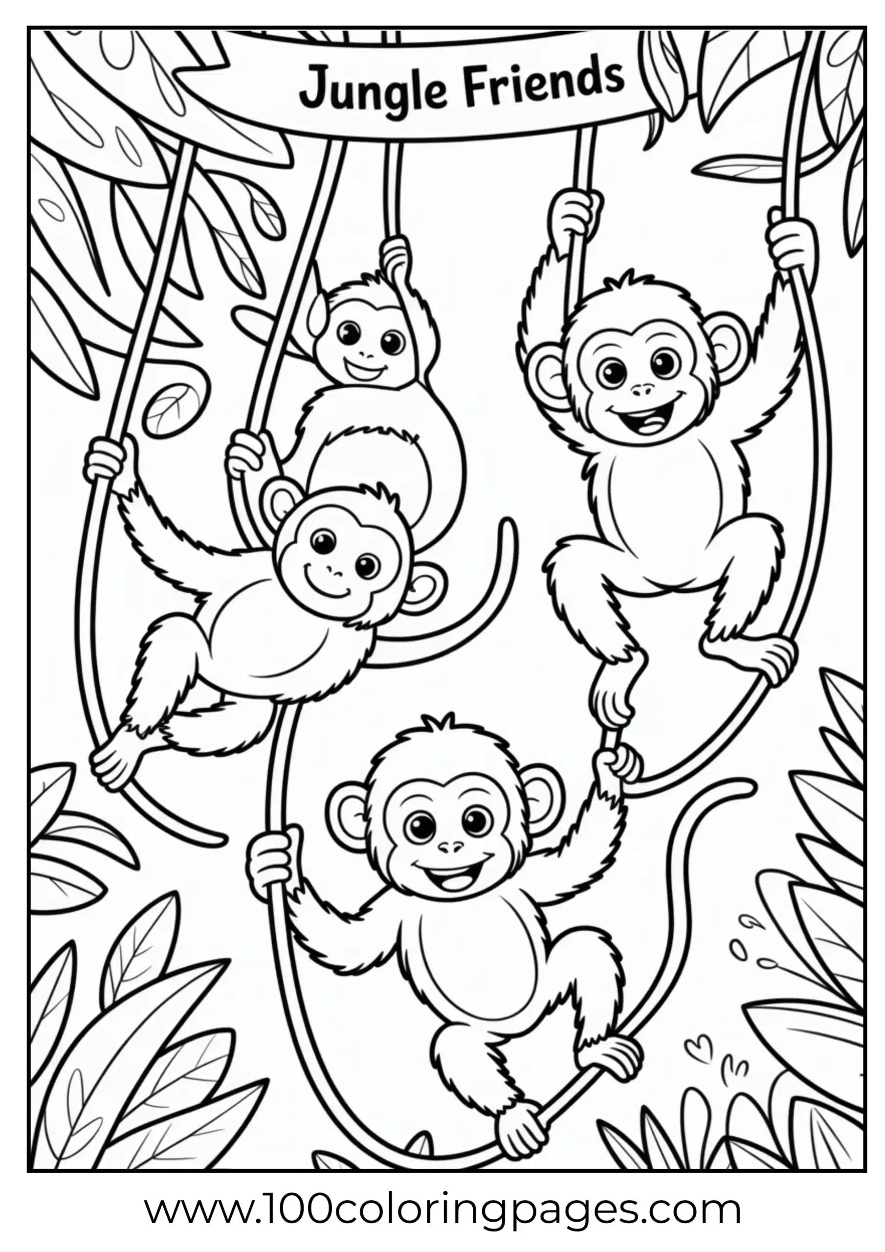 Group of monkeys swinging together coloring page