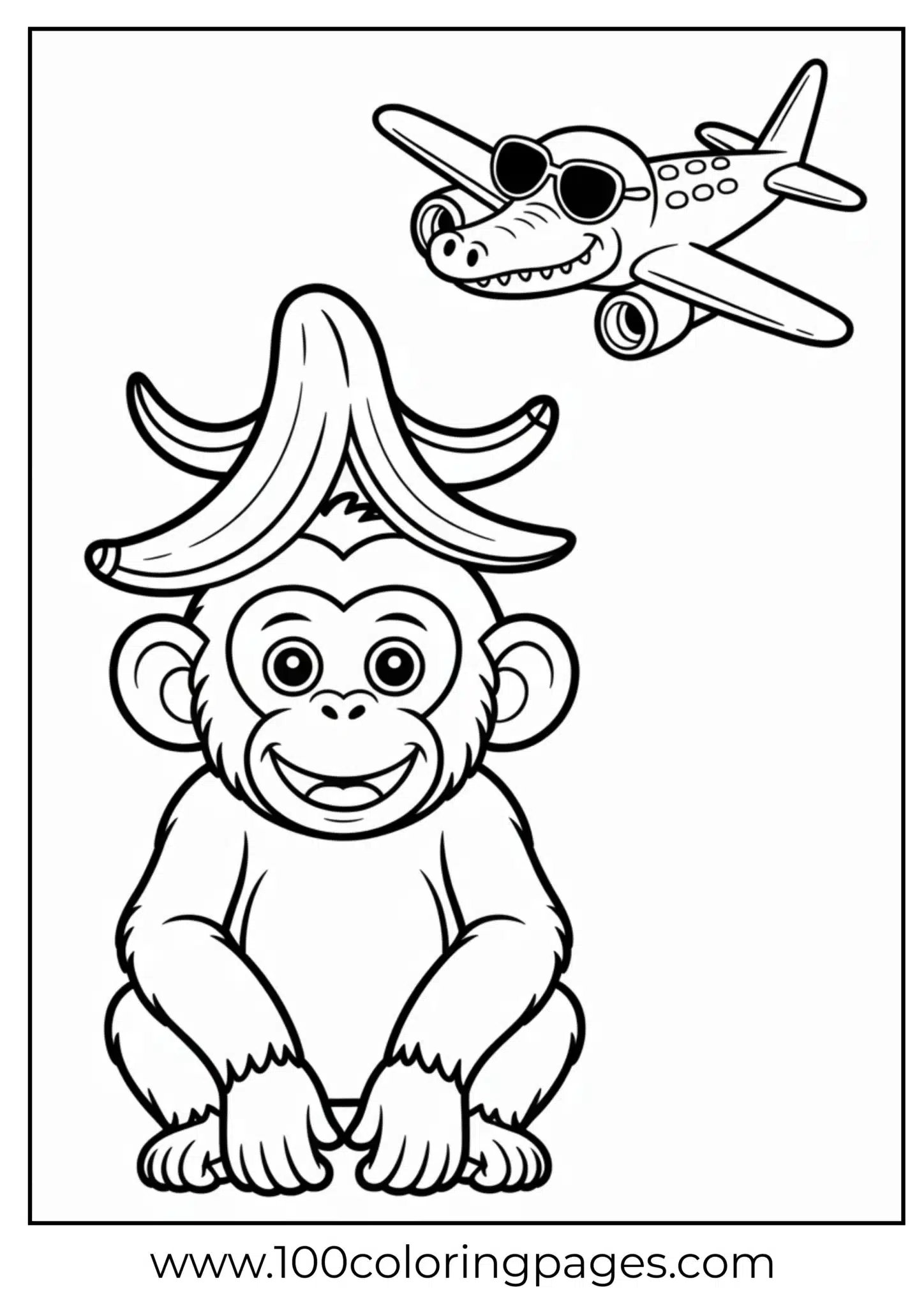 Monkey with a banana hat smiling beside a crocodile plane