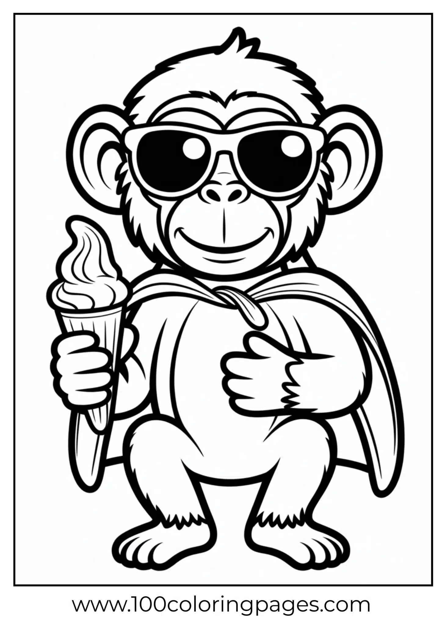 Monkey wearing sunglasses and eating ice cream coloring page