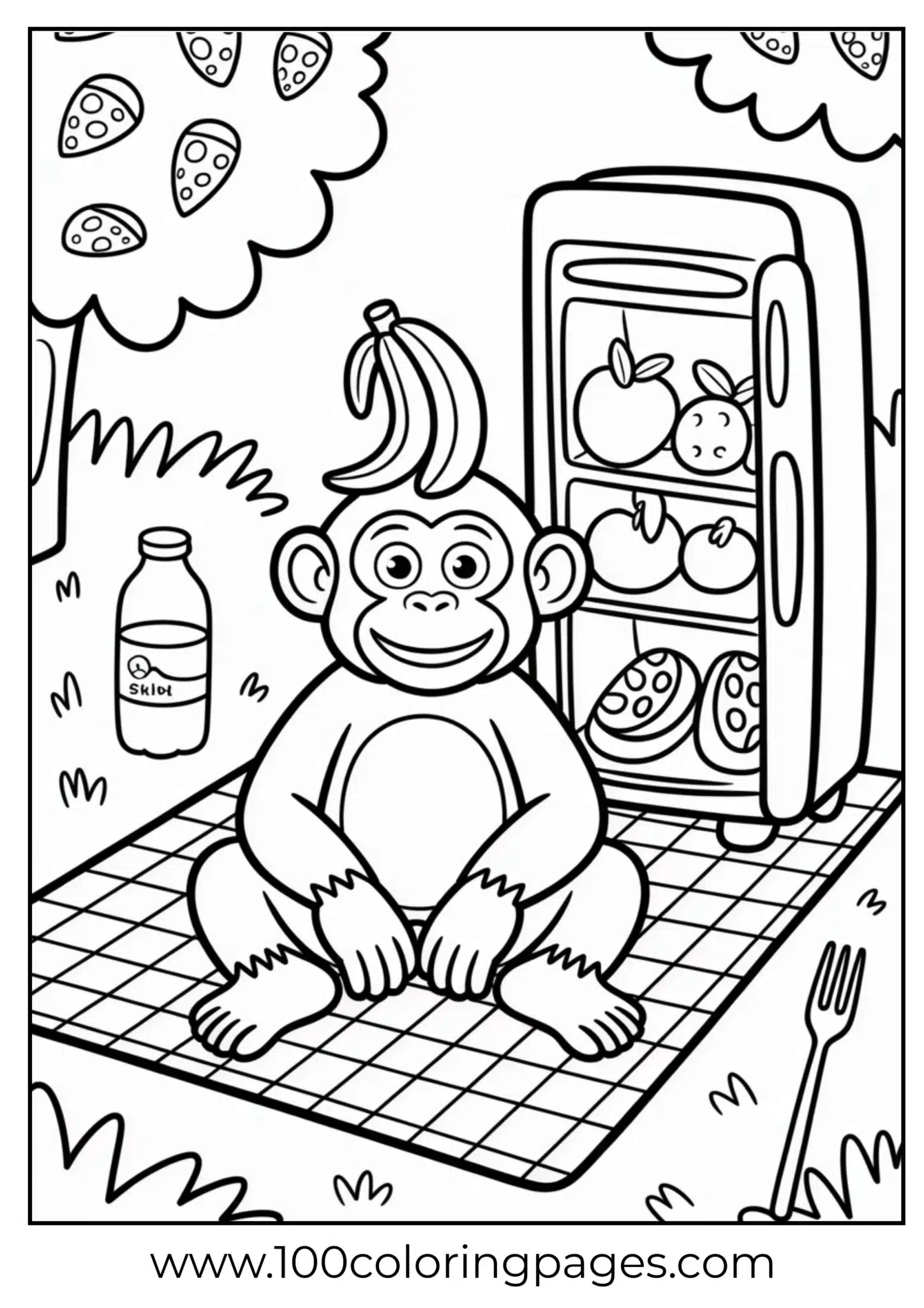 Monkey sitting by a fridge with fruits and pizza clouds