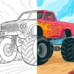 monster truck coloring pages – bold flames, dirt jump