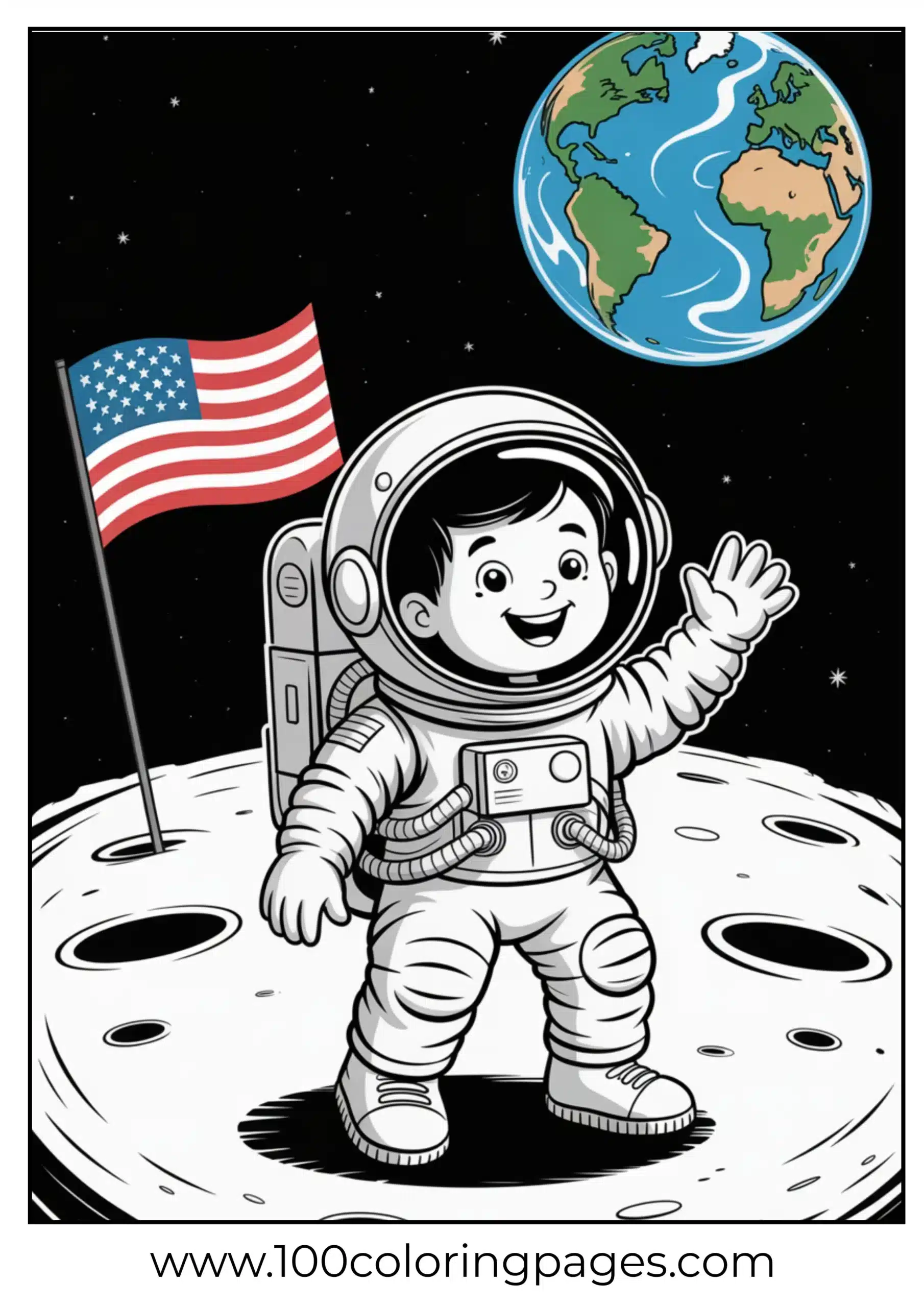 Kid astronaut on moon coloring page