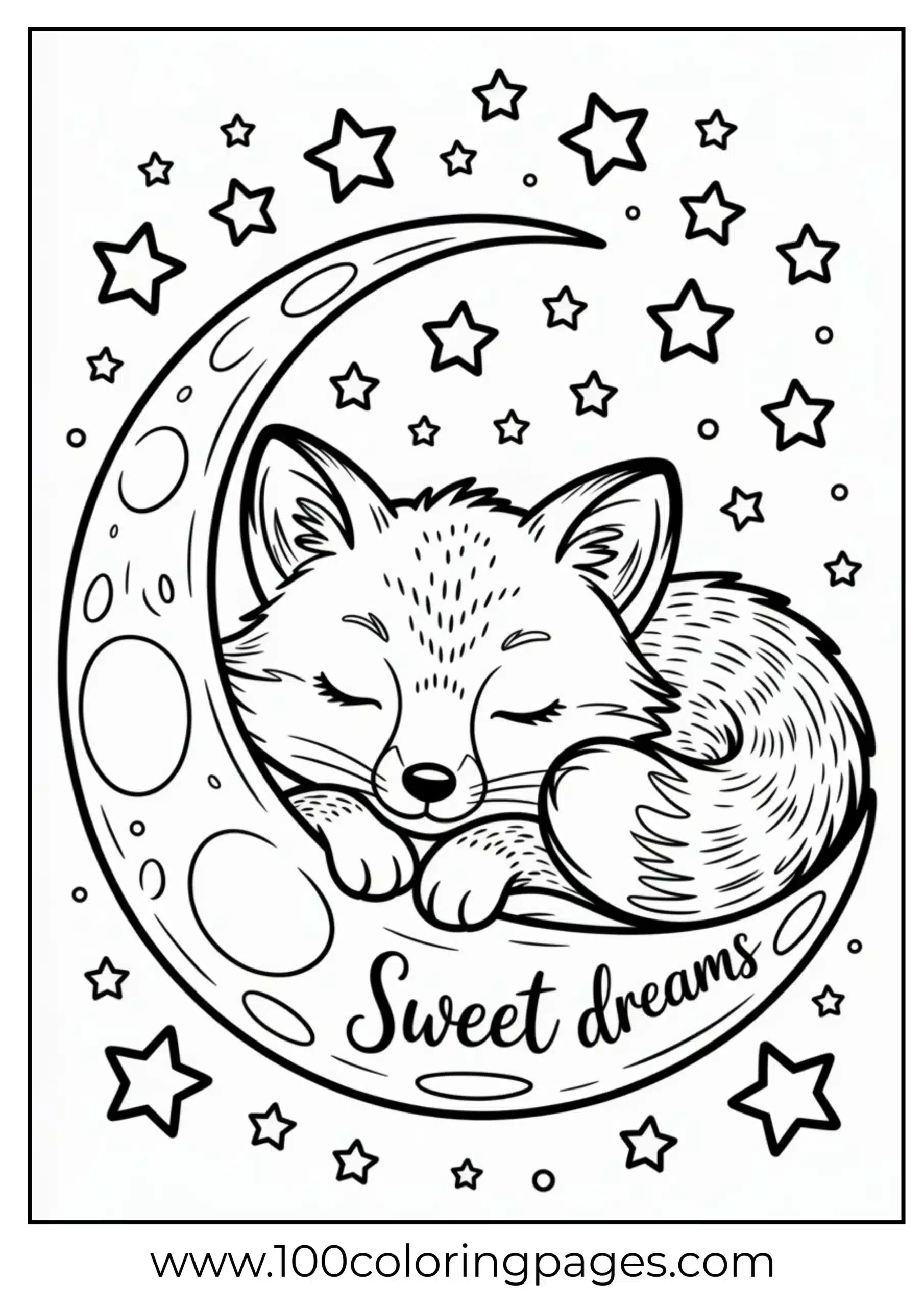 Fox curled around crescent moon under stars
