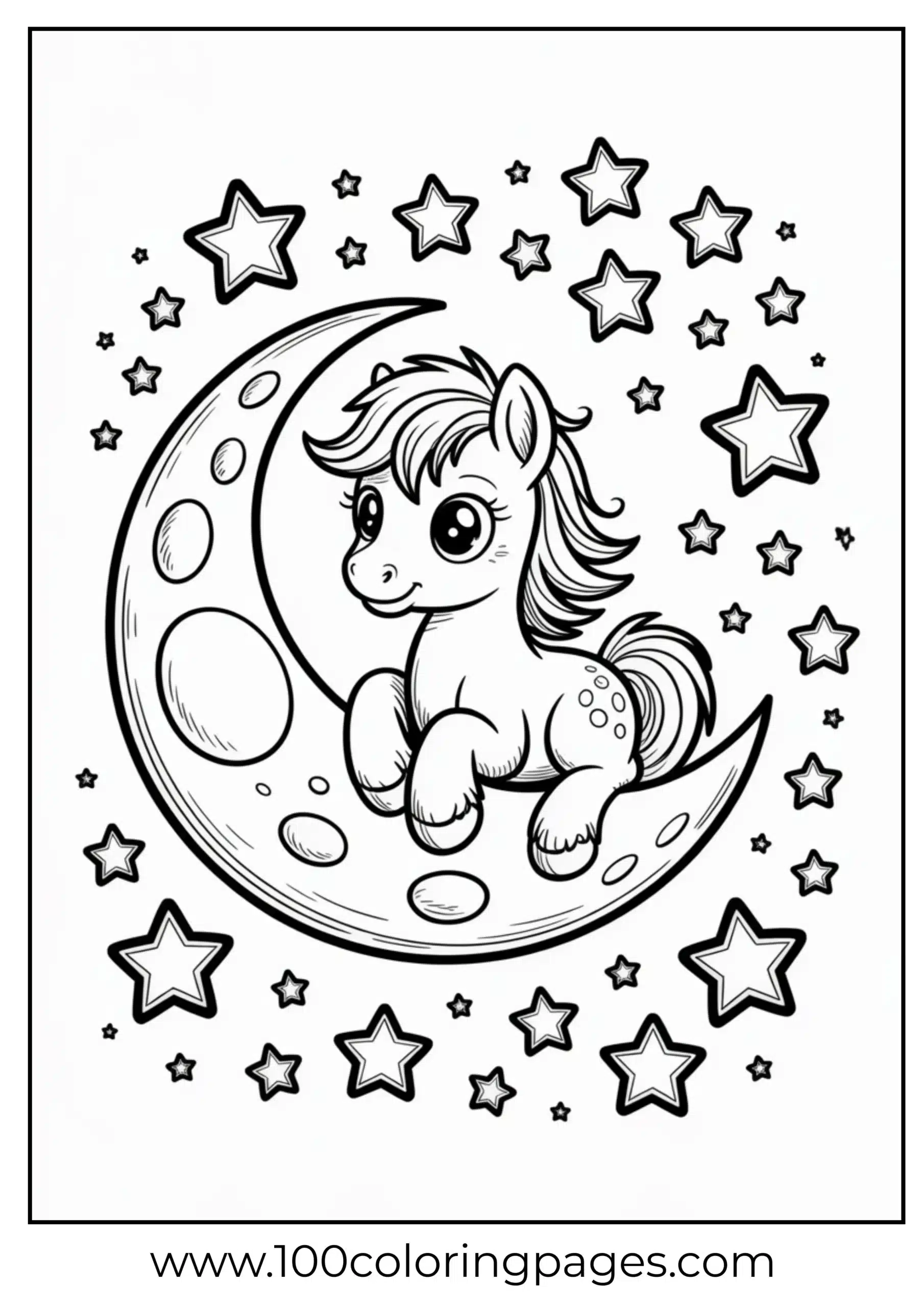 Pony sitting on crescent moon with stars