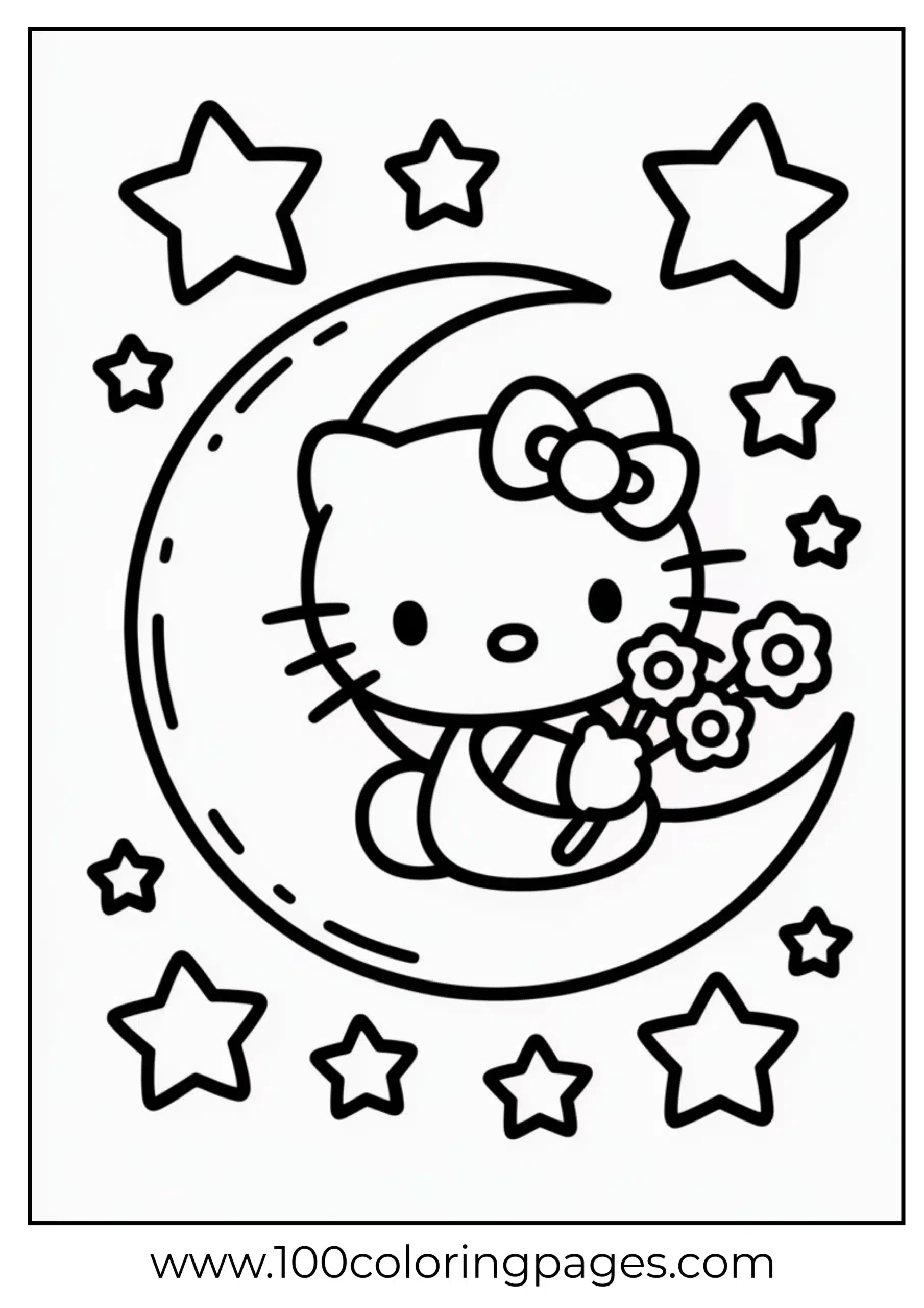 Hello Kitty sitting on a moon coloring page