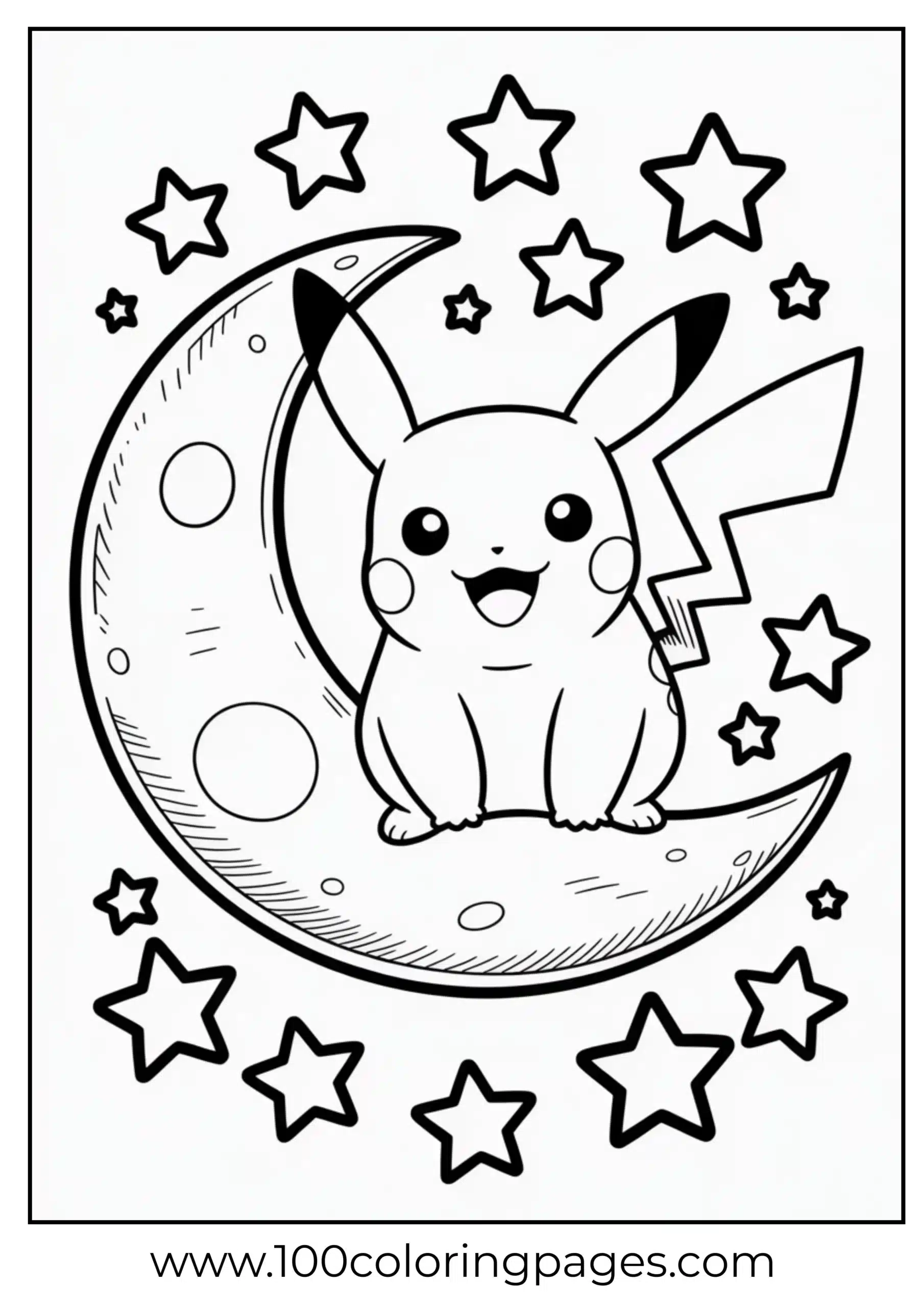 Pikachu sitting on moon with stars