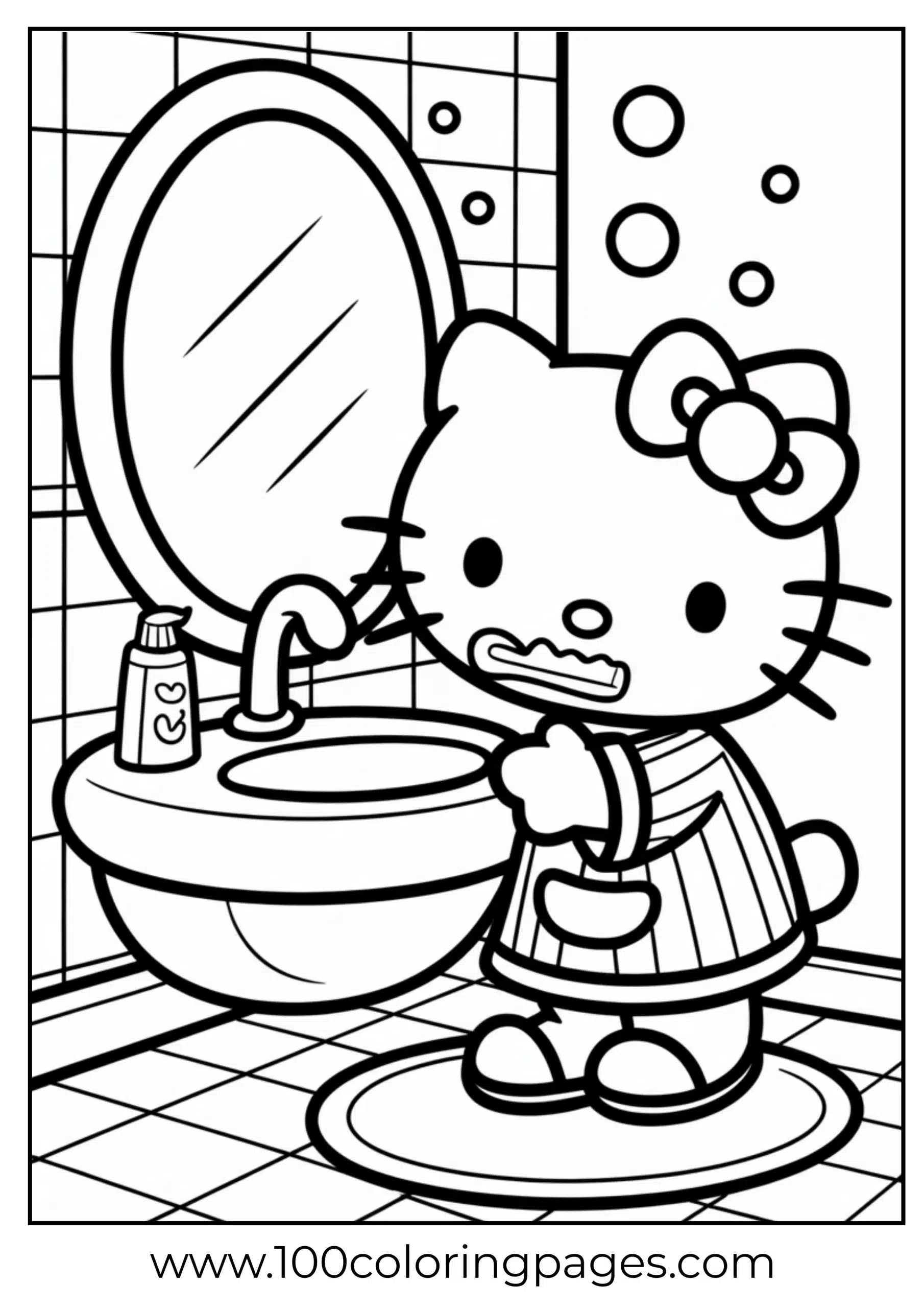 Hello Kitty brushing teeth coloring page