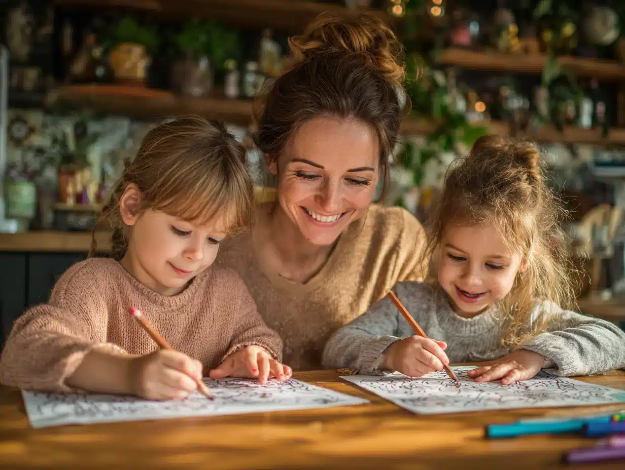 Mother and two daughters coloring printable pages at home
