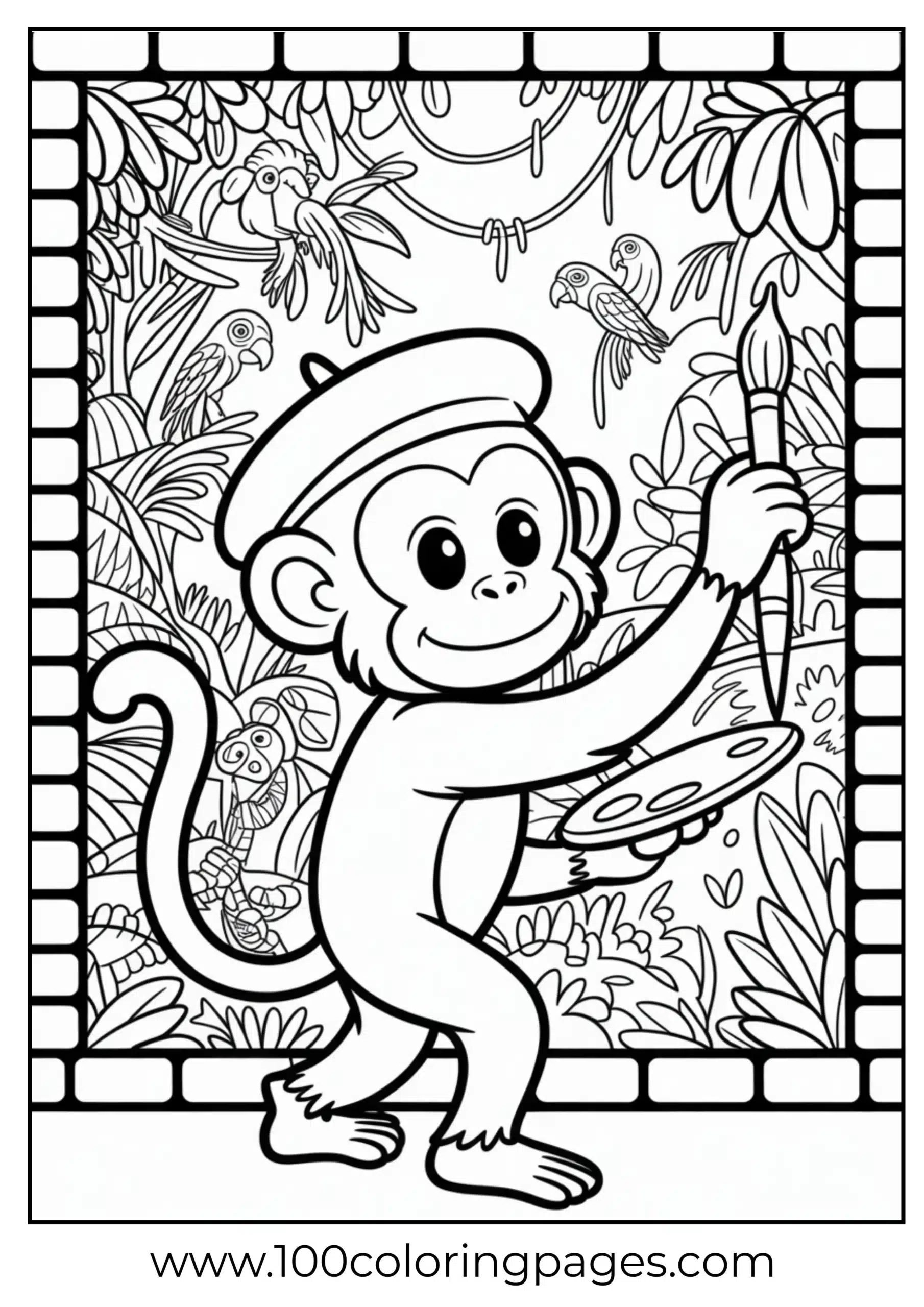 Monkey painting mural on wall coloring page