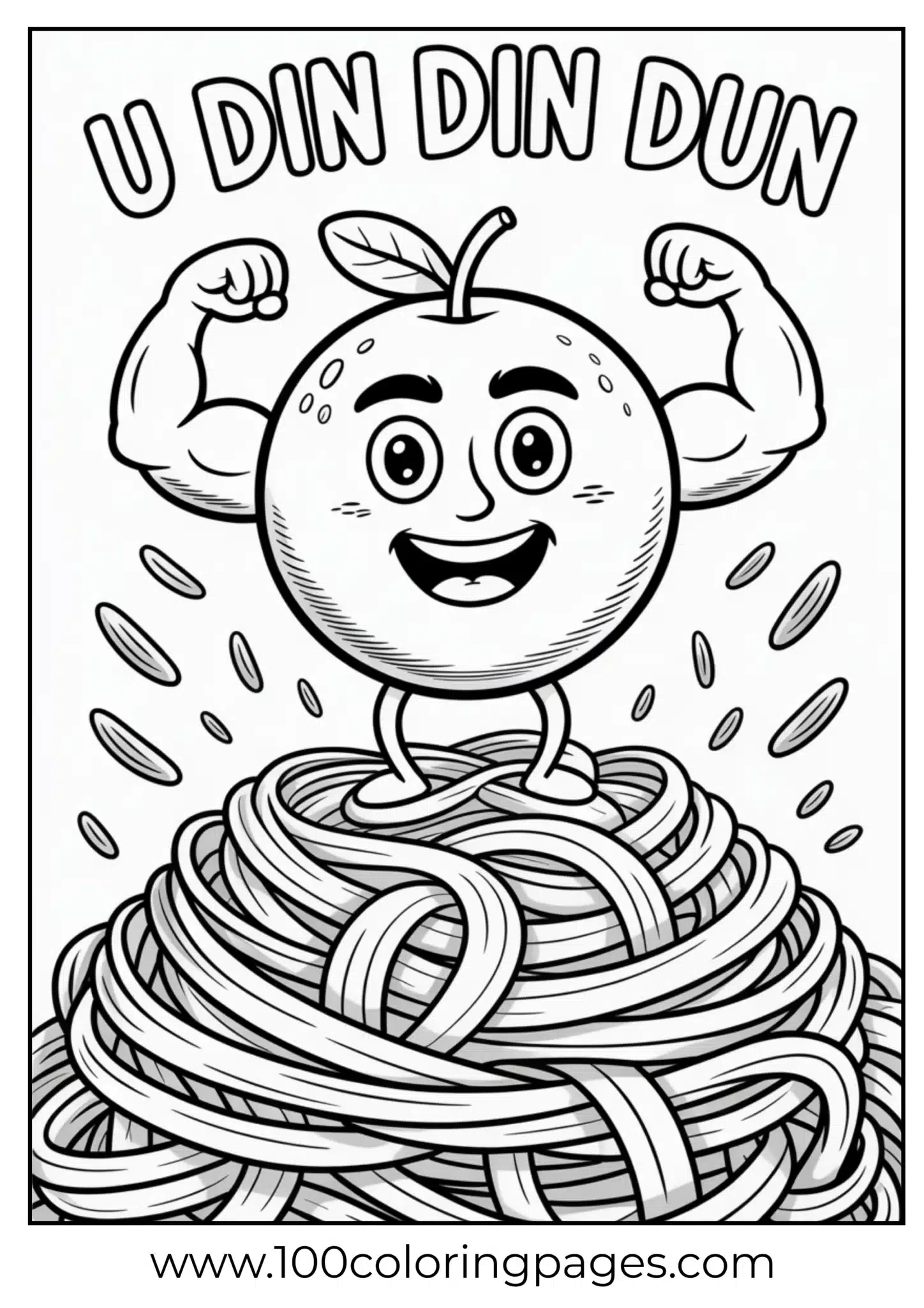 Muscular tomato atop a pile of spaghetti