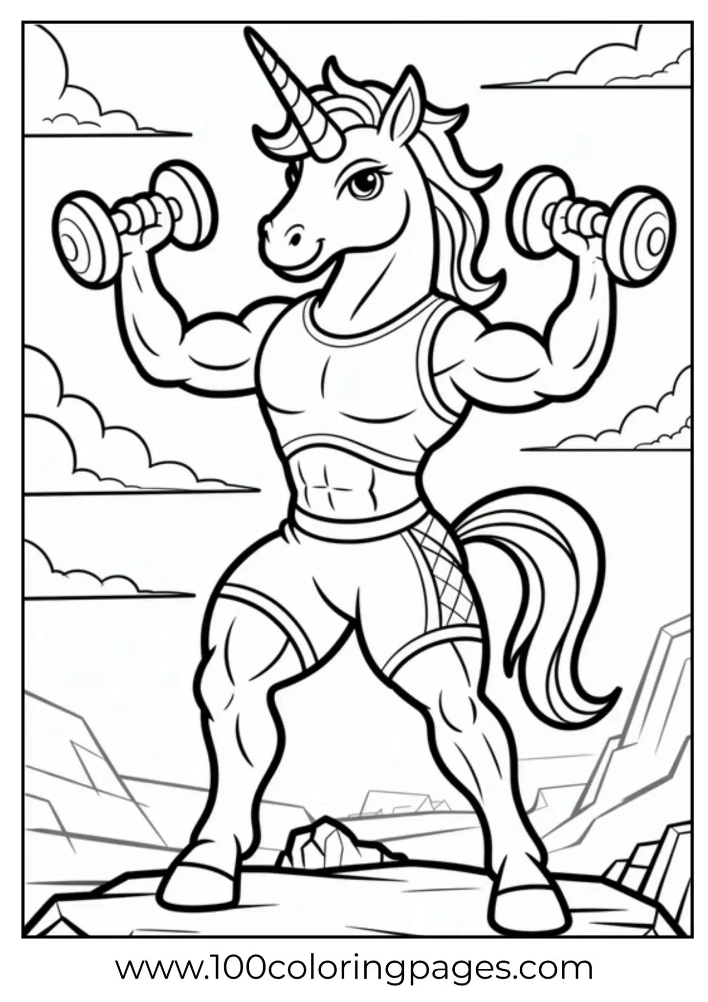 Muscular unicorn holding dumbbells with clouds in background