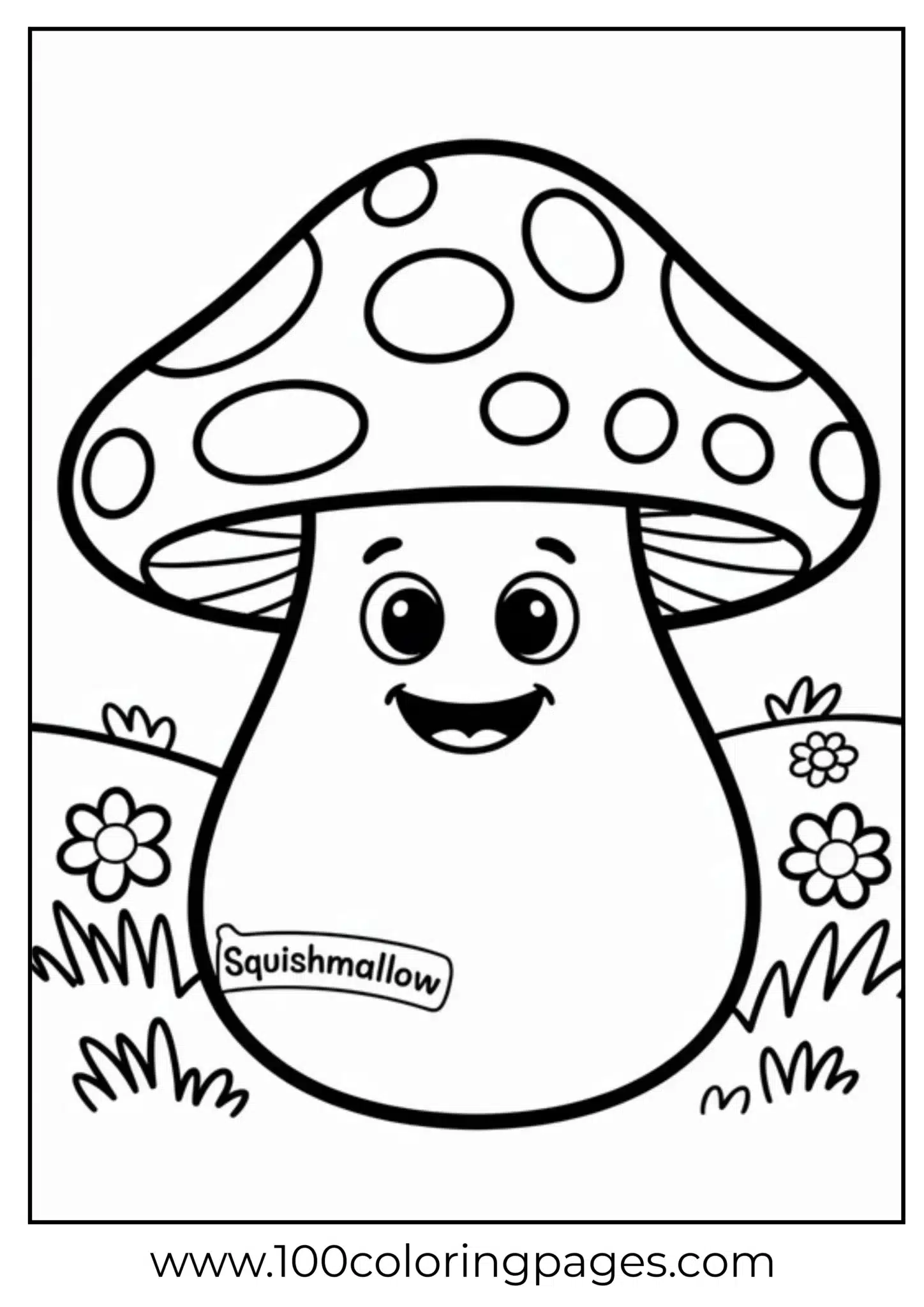 Cartoon mushroom with a smiling face in a flowery meadow