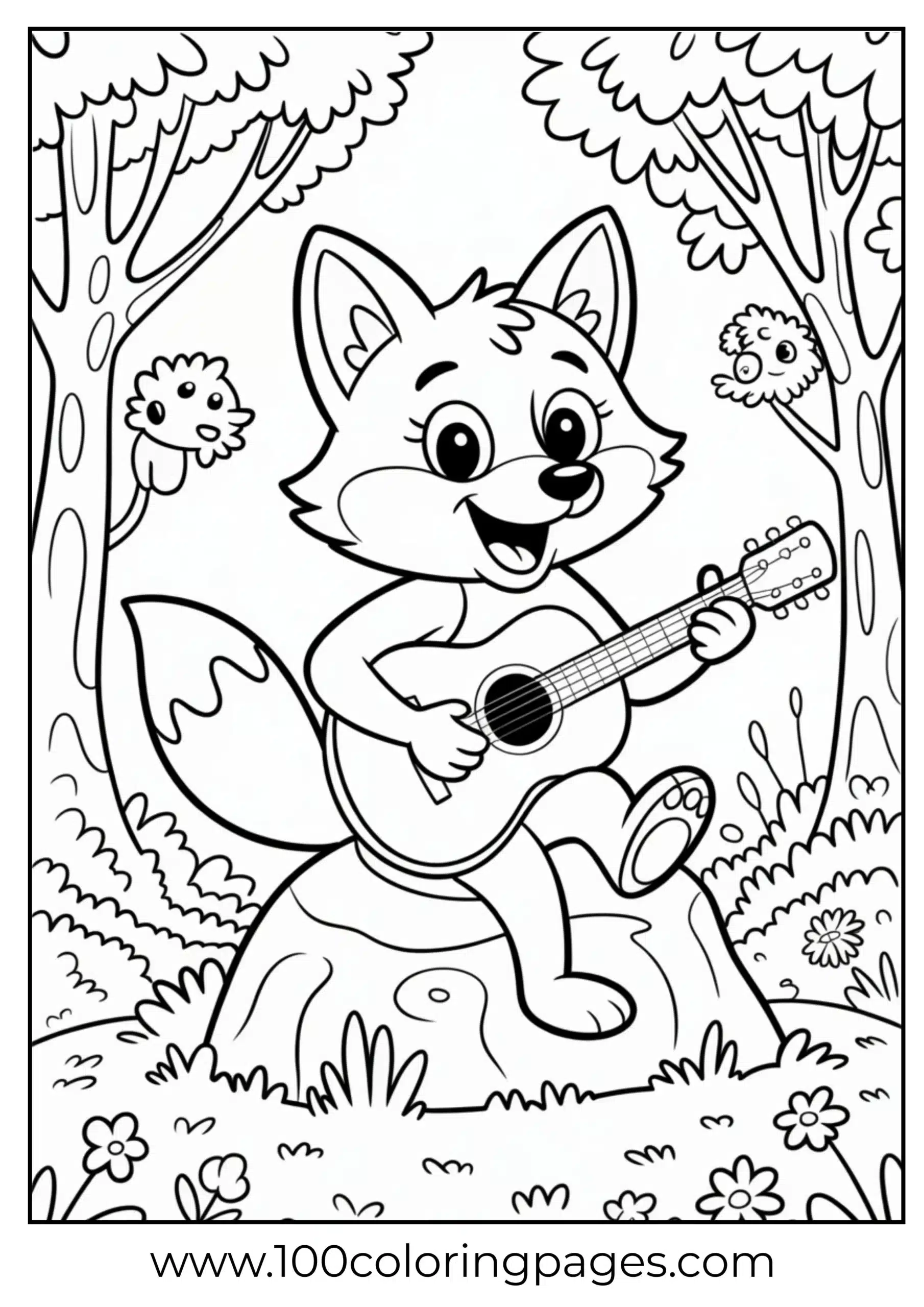 Fox strumming guitar in forest