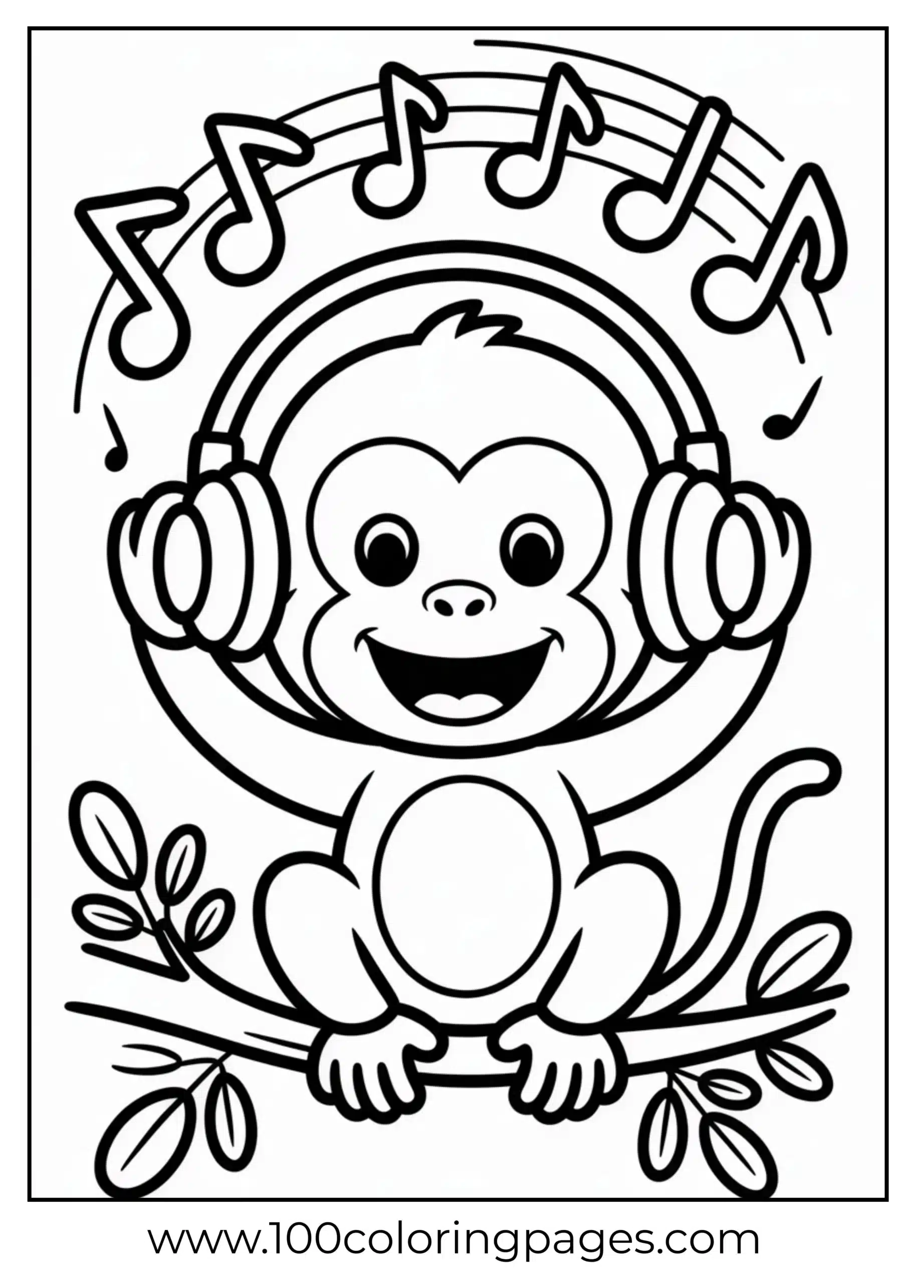 Monkey listening to music with headphones coloring page