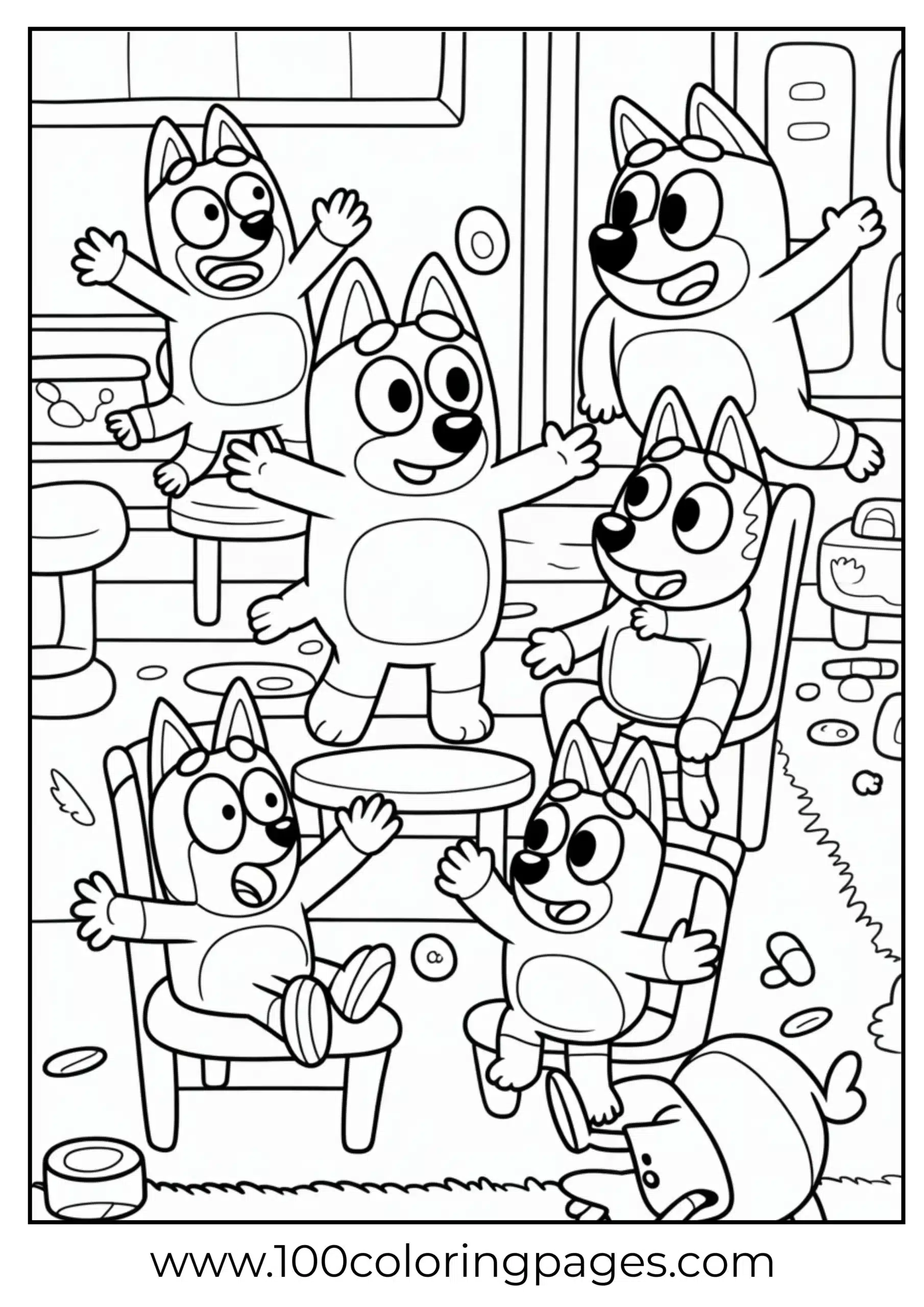 Bluey playing musical chairs coloring page