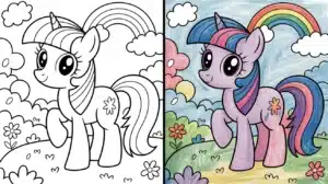 Black and white and colored version of a My Little Pony coloring pages featuring a happy unicorn pony, rainbow, and flowers