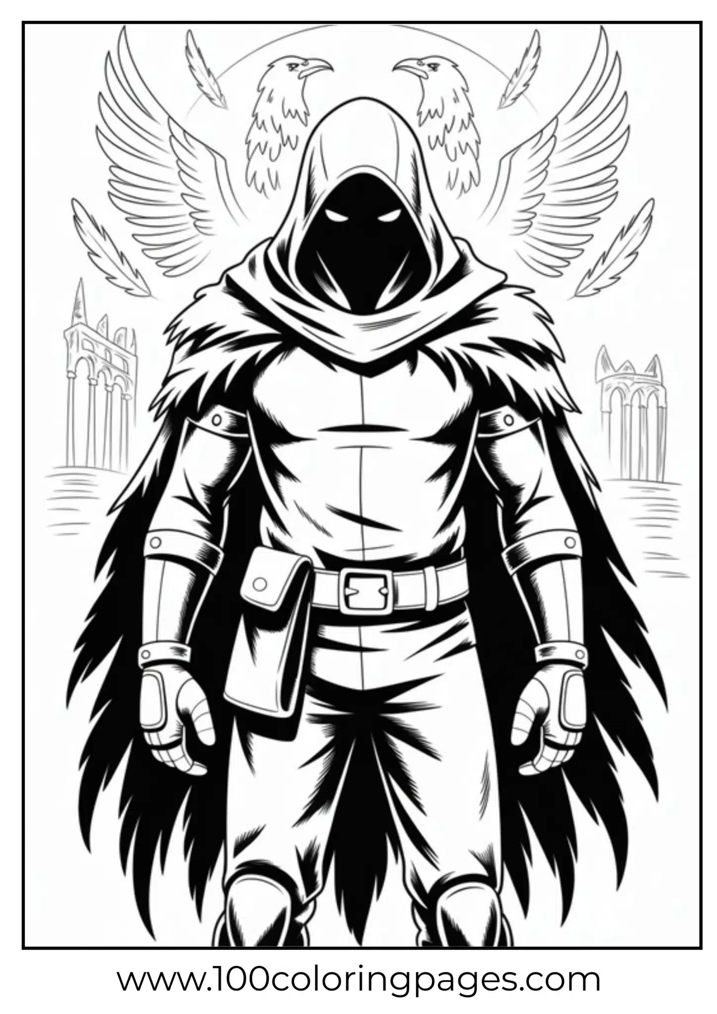 Mysterious cloaked figure with angel wings and eagles