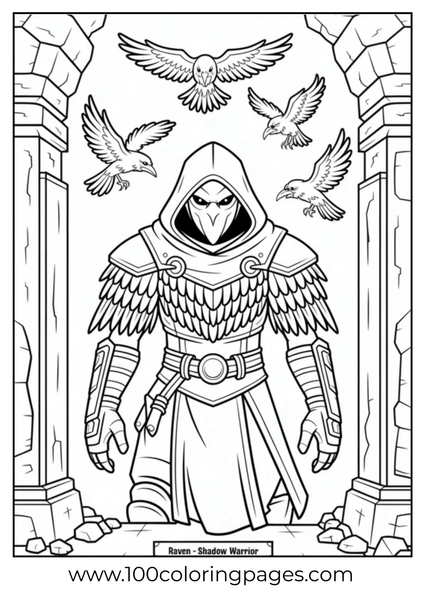 Warrior in cloak with ravens flying in an archway