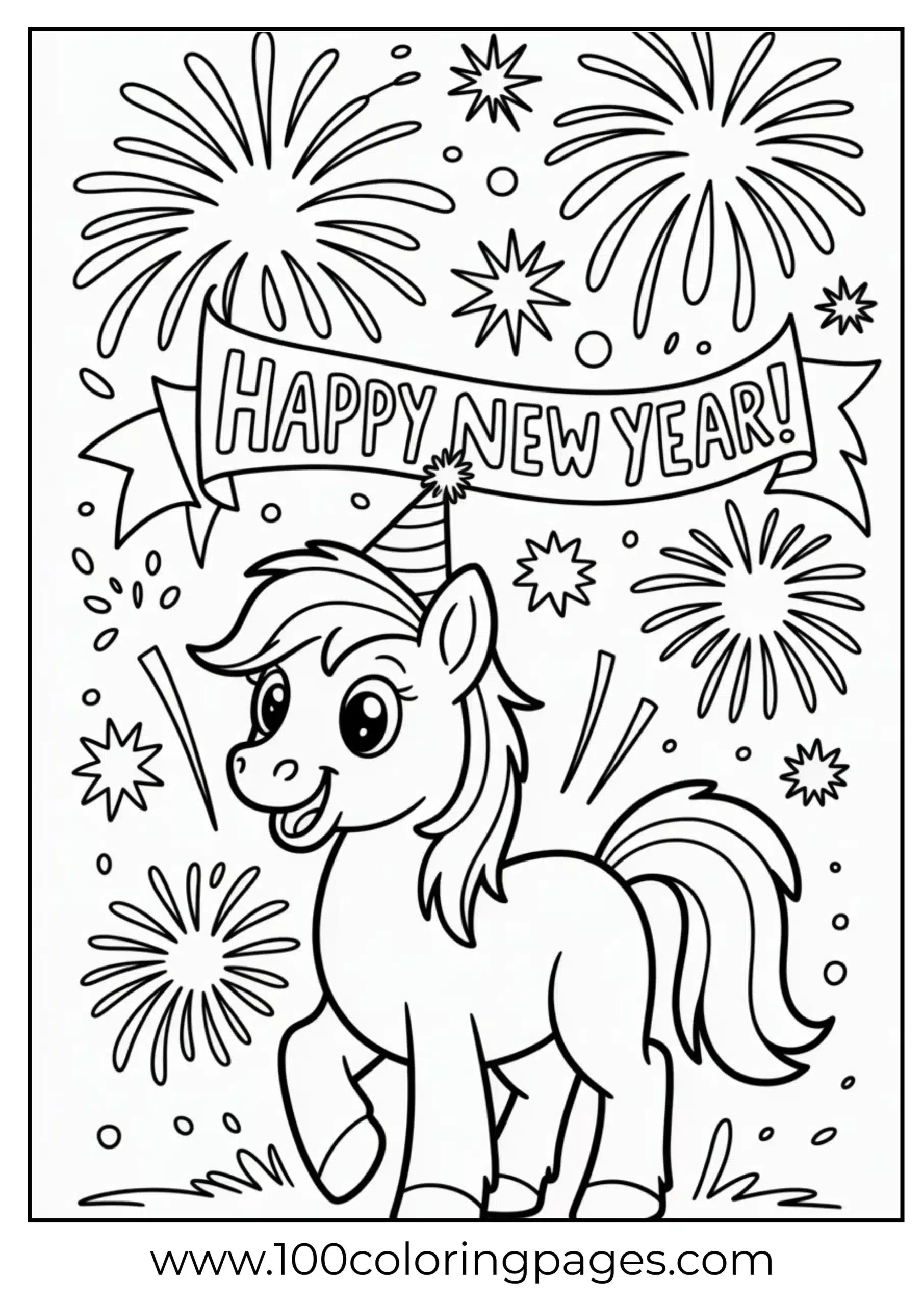 Pony wearing party hat with fireworks