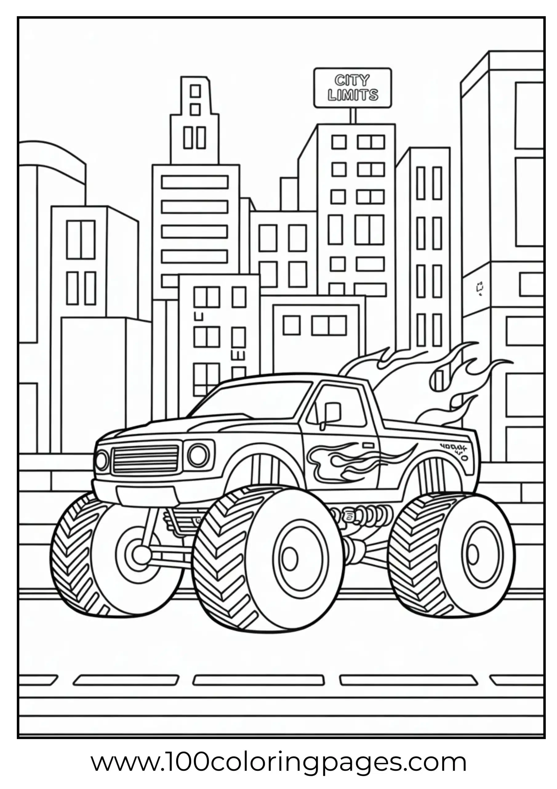 Monster truck driving past city skyline at night