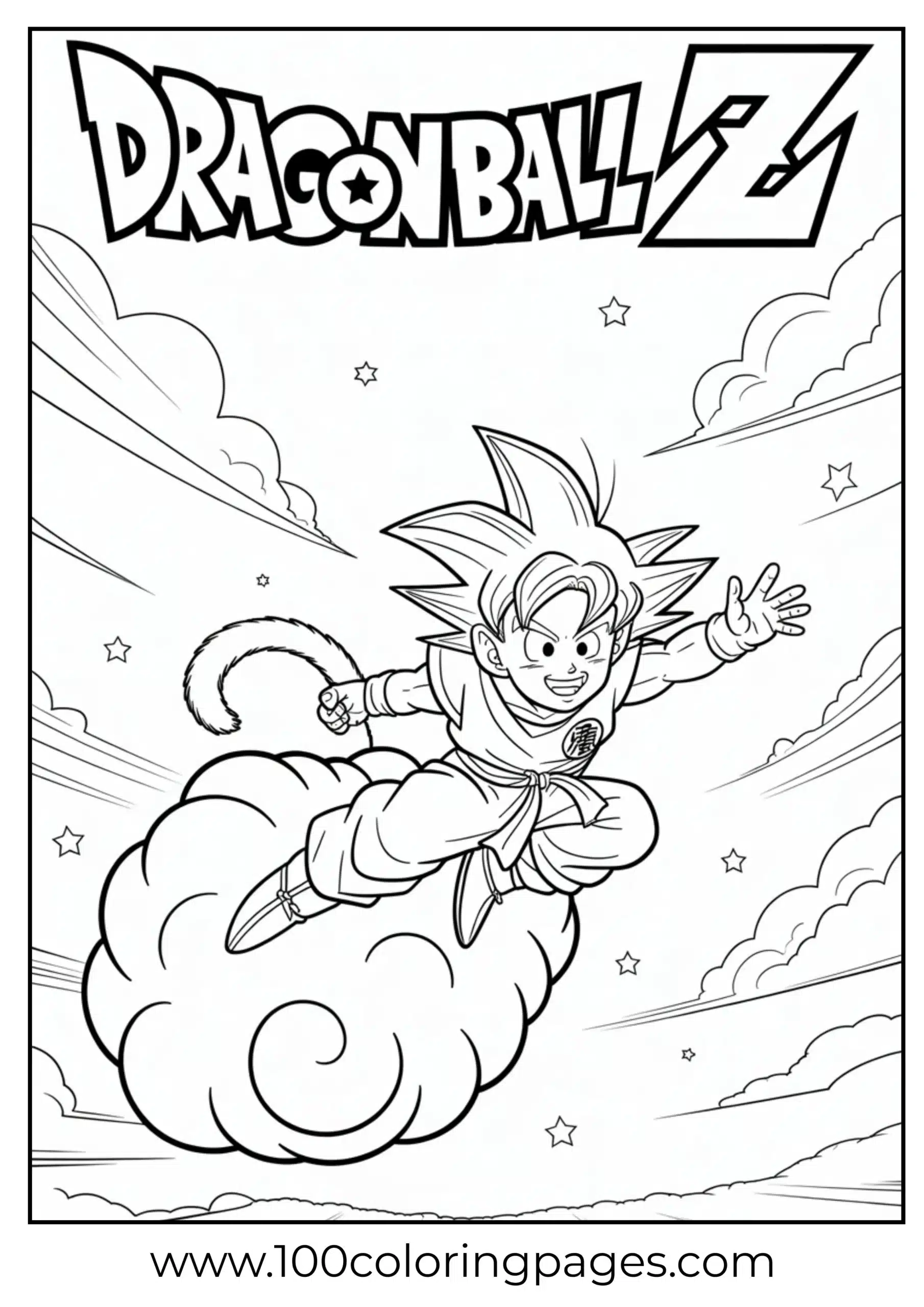 Goku flying on Nimbus cloud coloring page