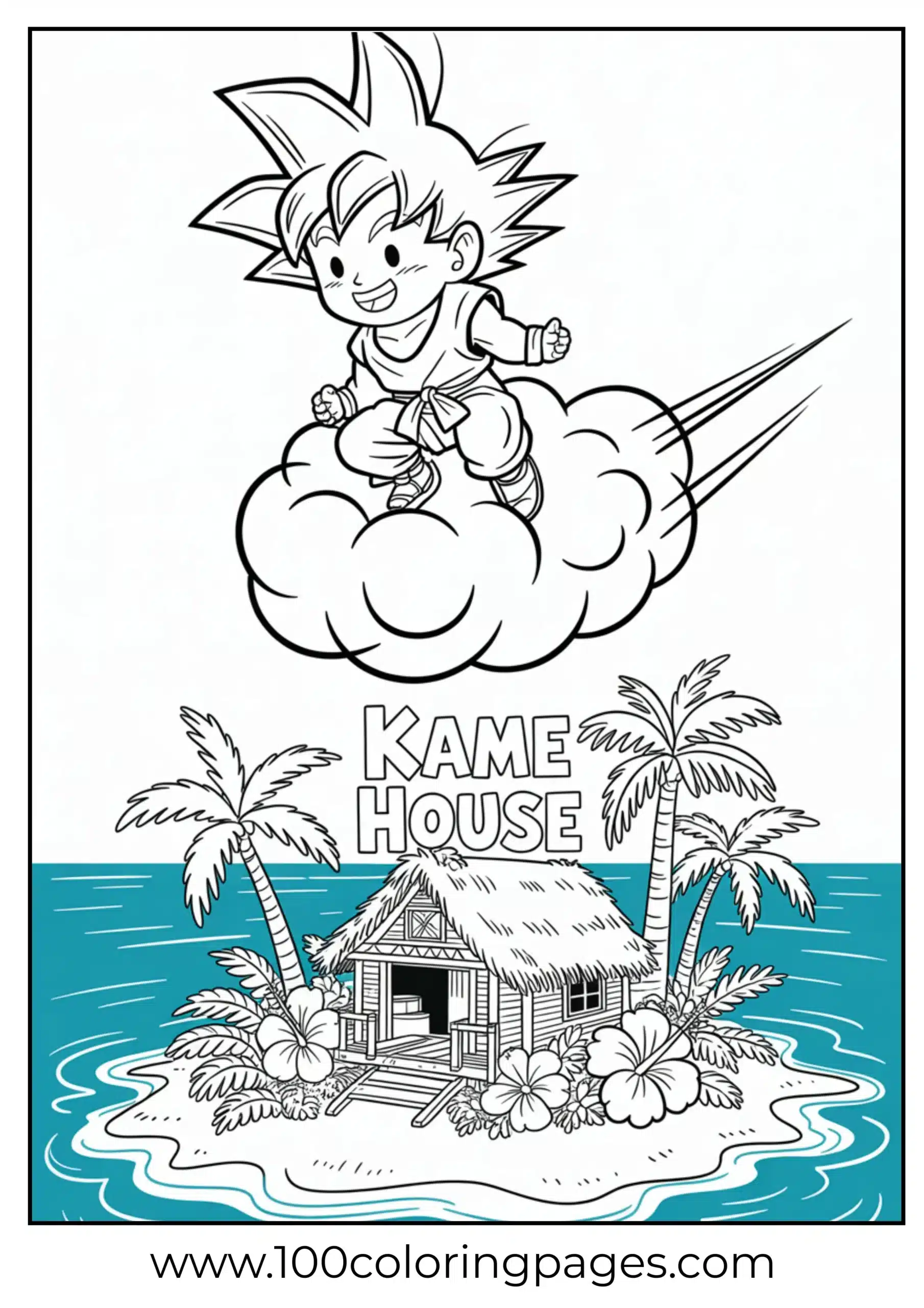 Goku rides Nimbus with Kame House coloring page