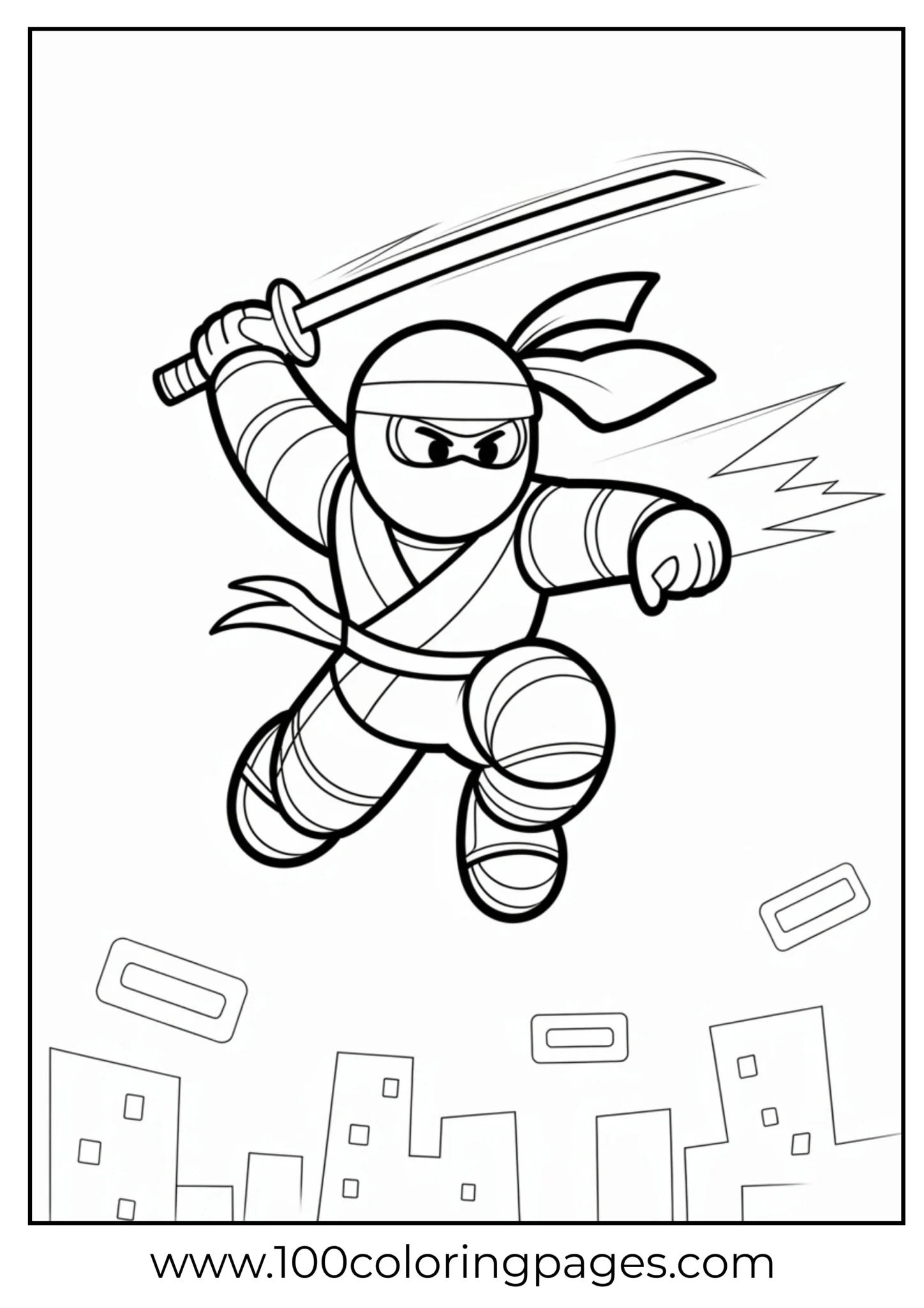 Ninja turtle leaping over cityscape with a sword