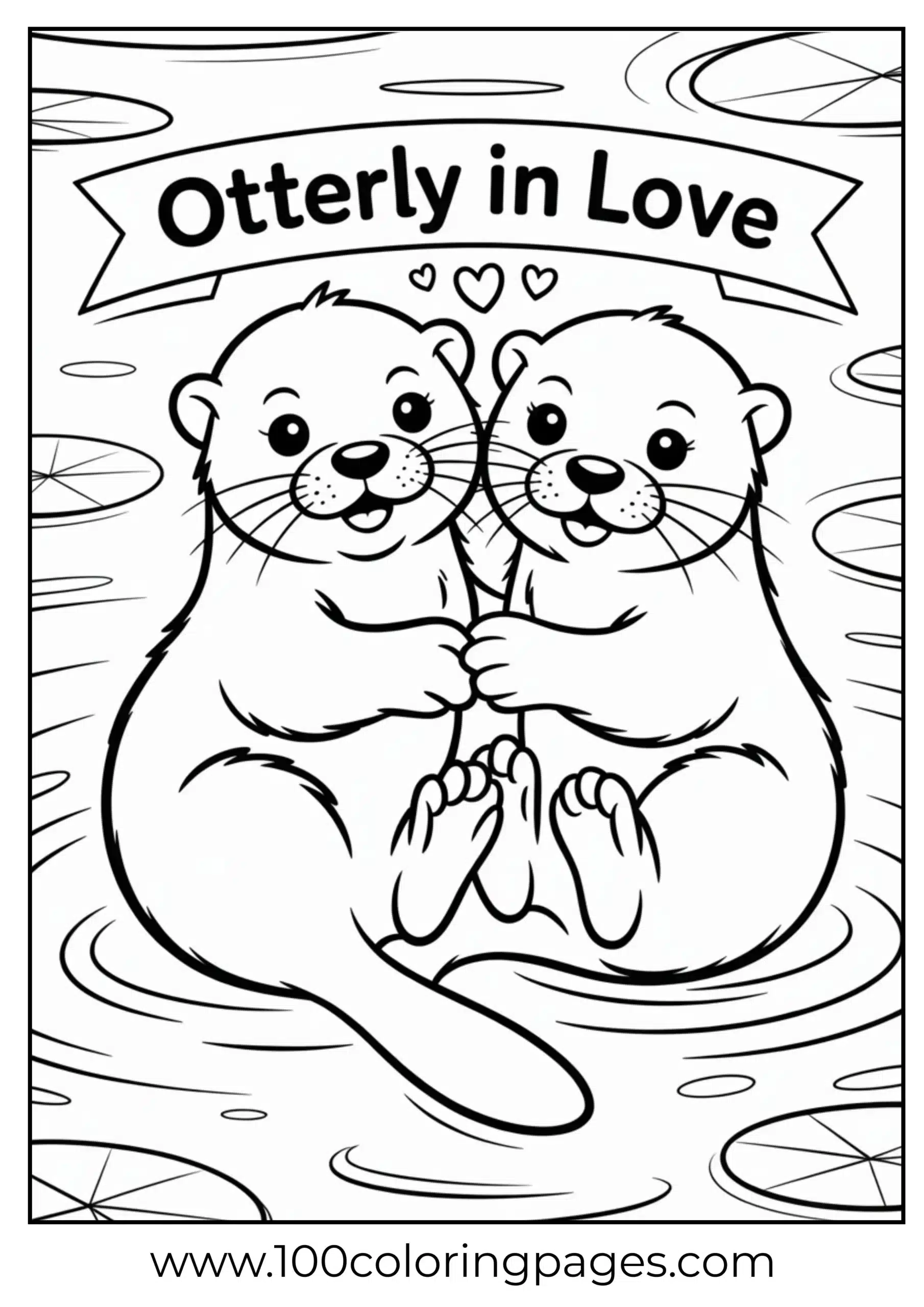 Two otters floating holding paws coloring page