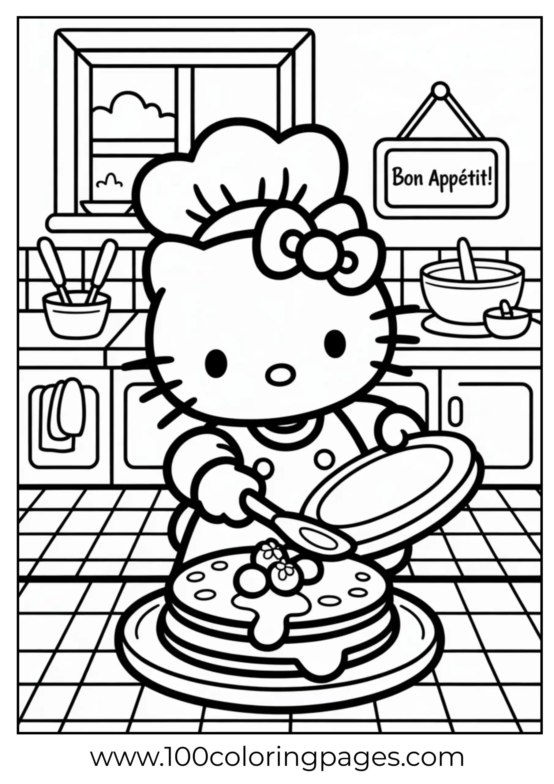 Hello Kitty flipping pancakes coloring page