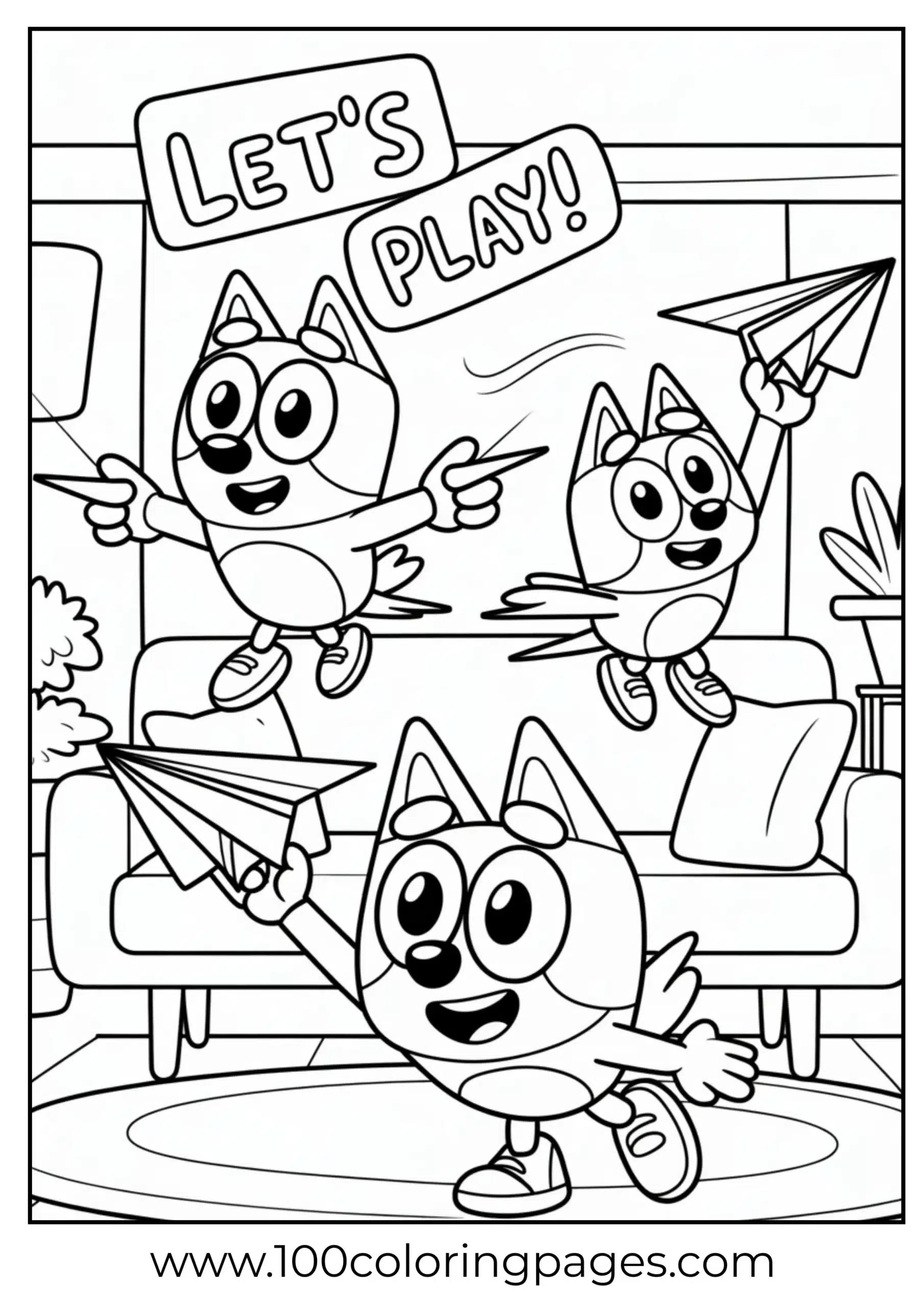 Bluey and Bingo flying paper planes coloring page
