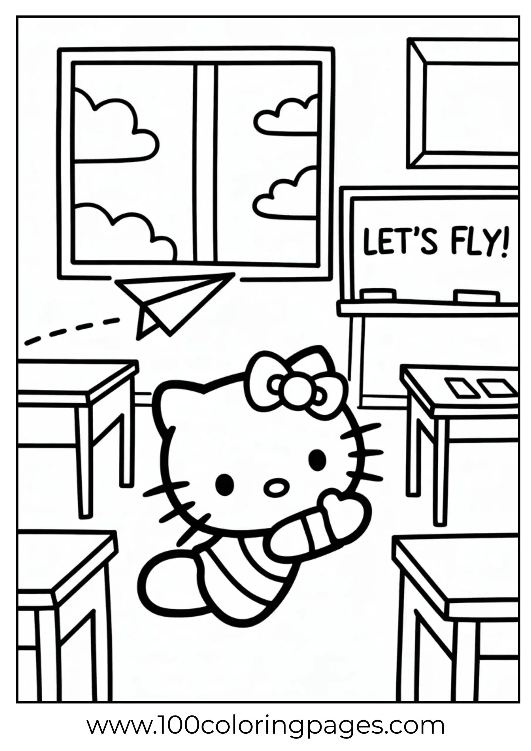 Hello Kitty flying paper plane coloring page