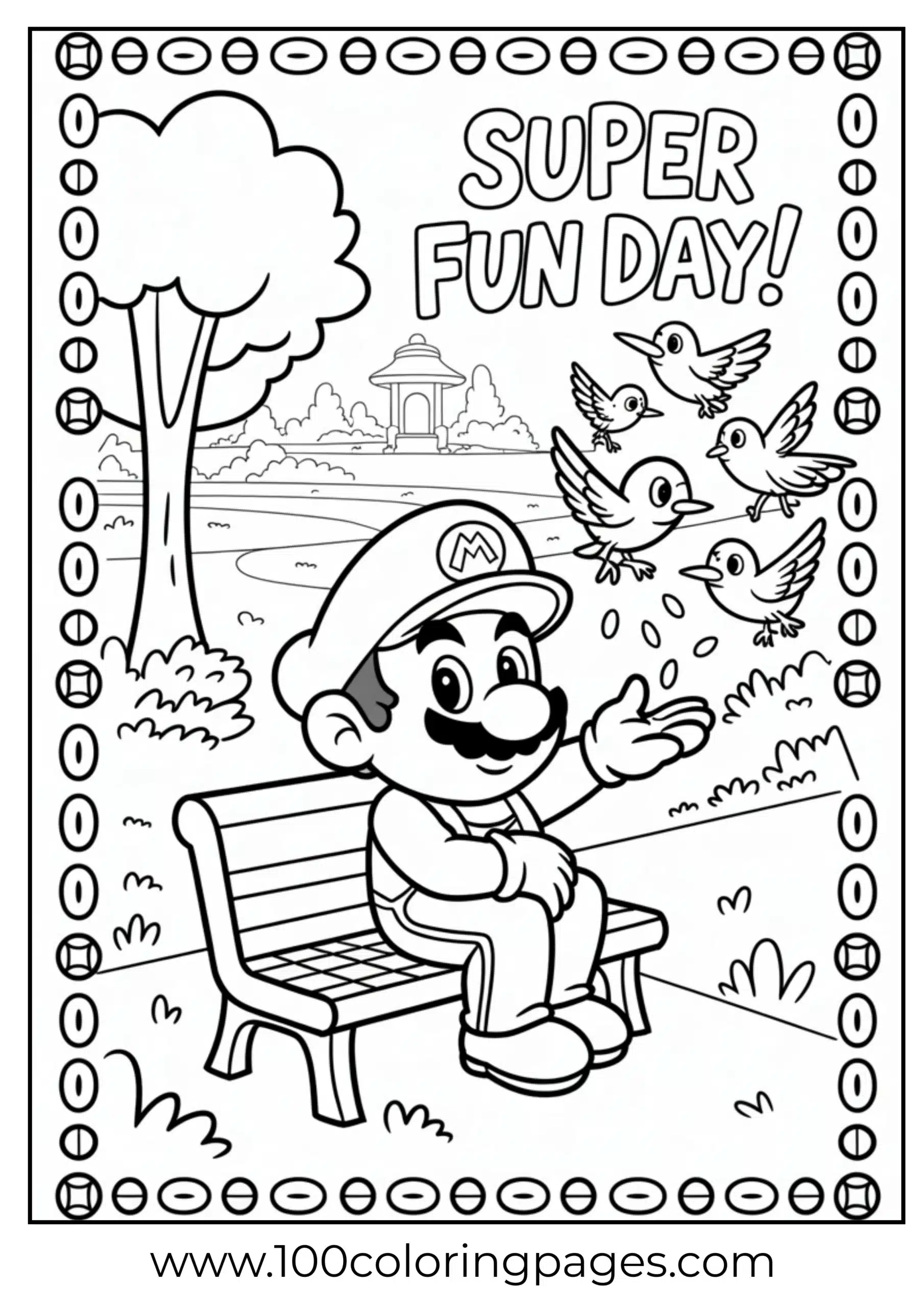 Mario sitting peacefully on a bench feeding birds in cartoon layout
