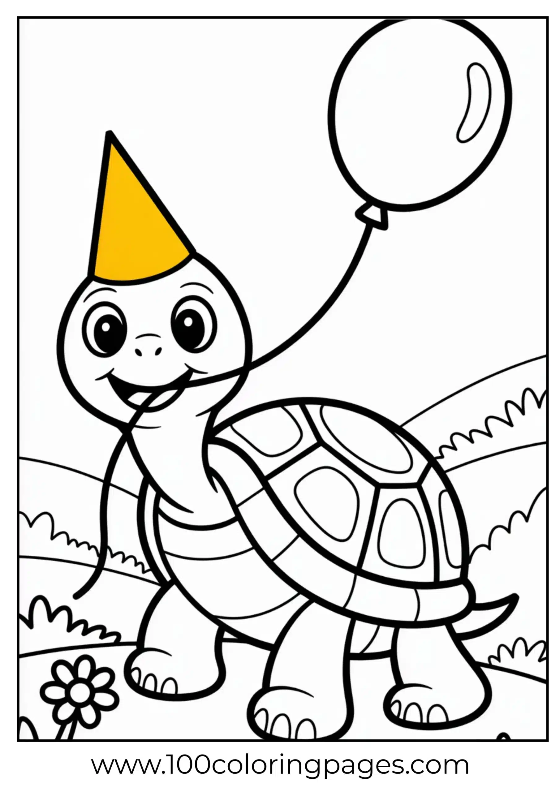 Turtle with balloon and party hat coloring page