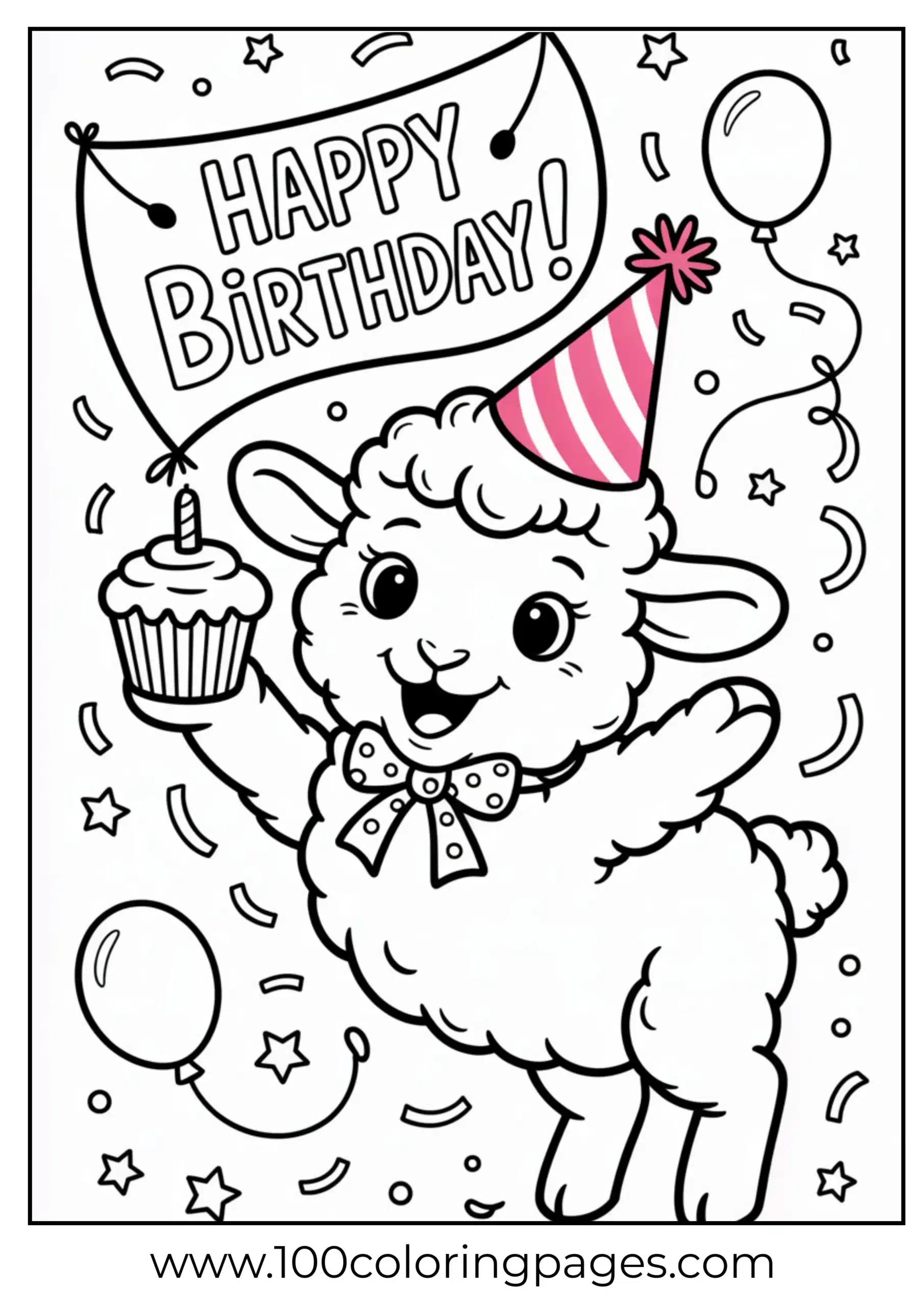Cute lamb with cupcake and party hat coloring page