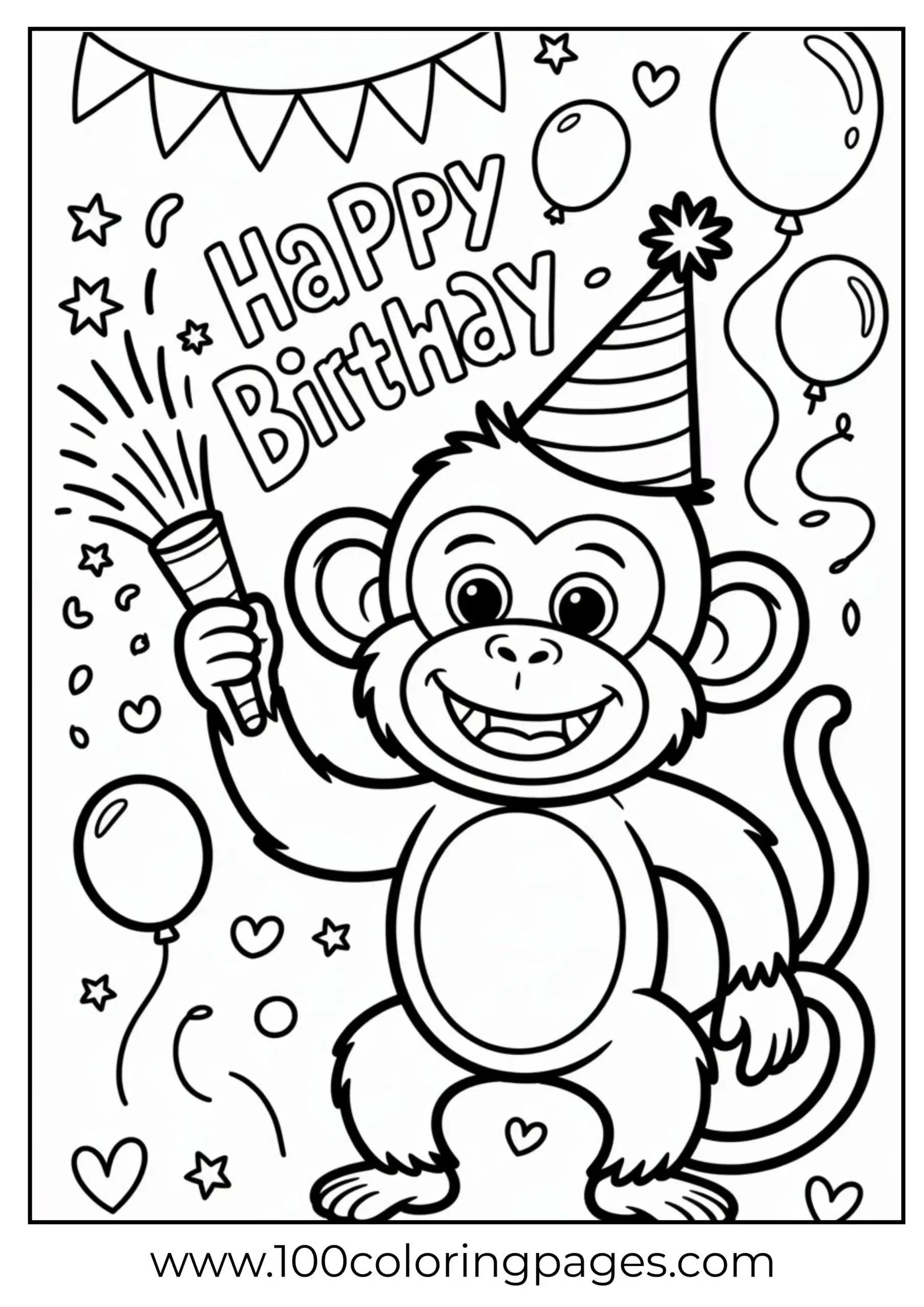 Monkey celebrating with confetti coloring page